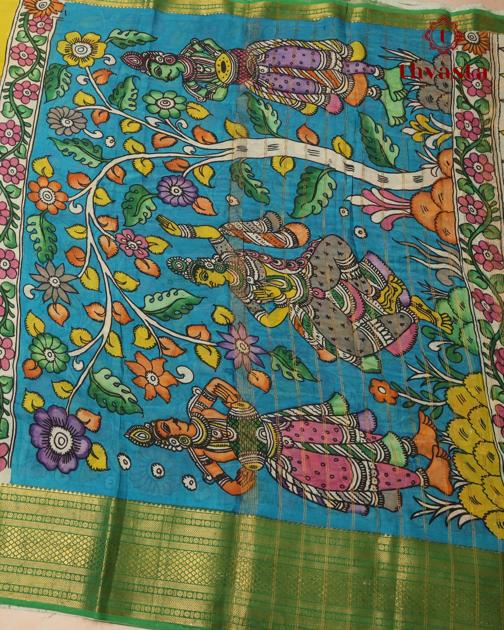 Pen Kalamkari Bangalore Silk – Lime Yellow and Green Border