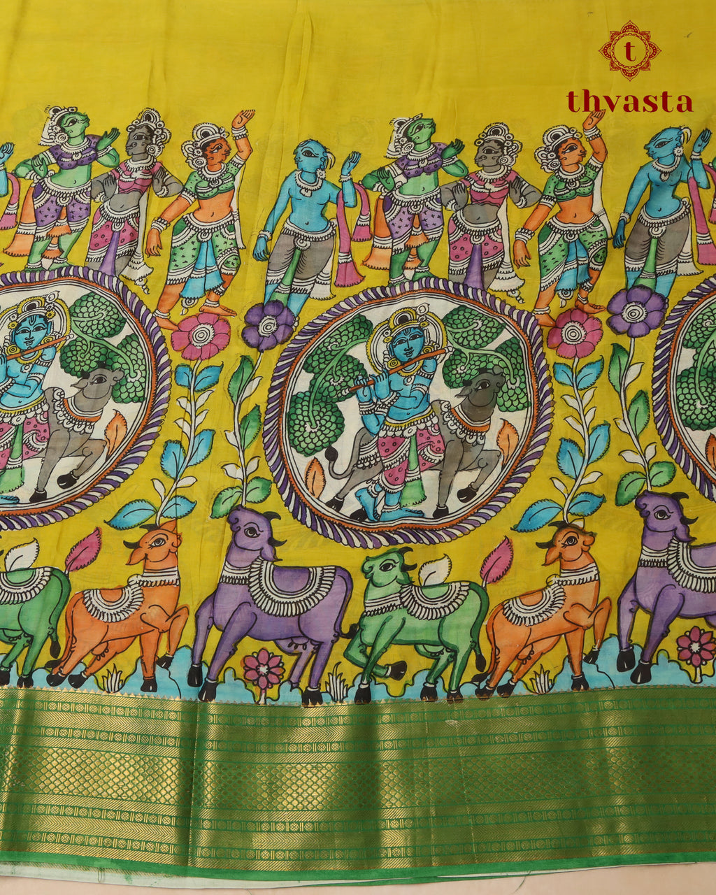 Pen Kalamkari Bangalore Silk – Lime Yellow and Green Border