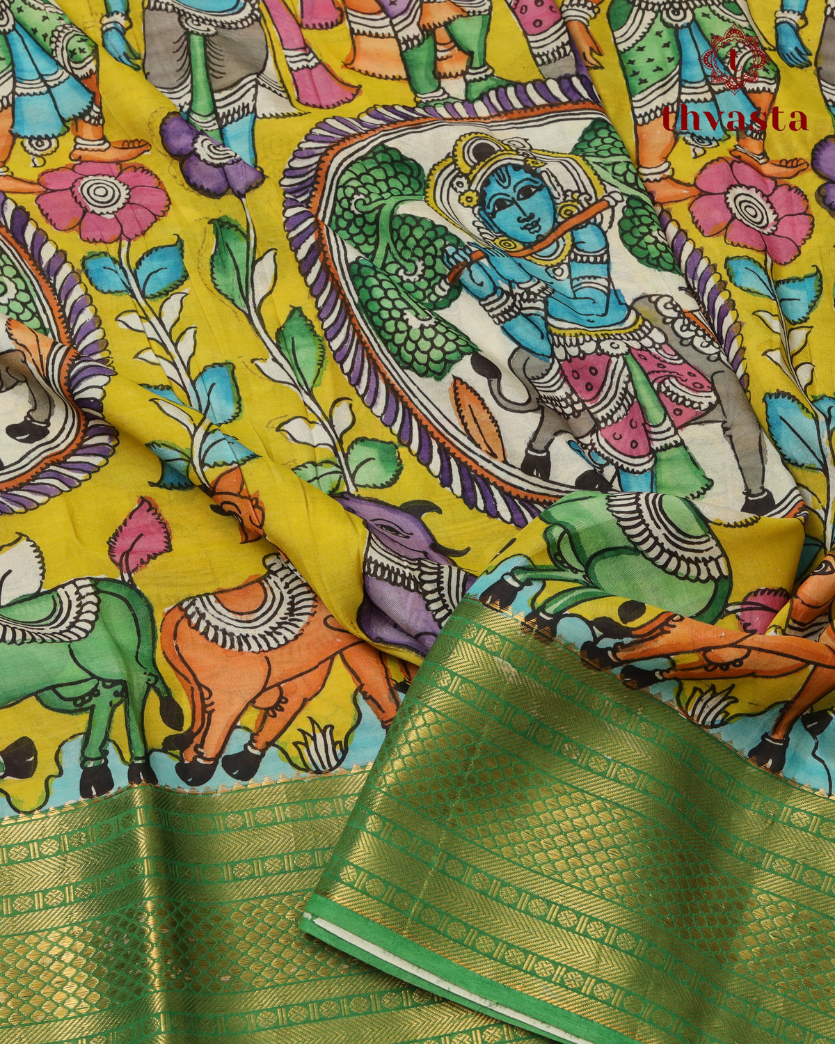 Pen Kalamkari Bangalore Silk – Lime Yellow and Green Border