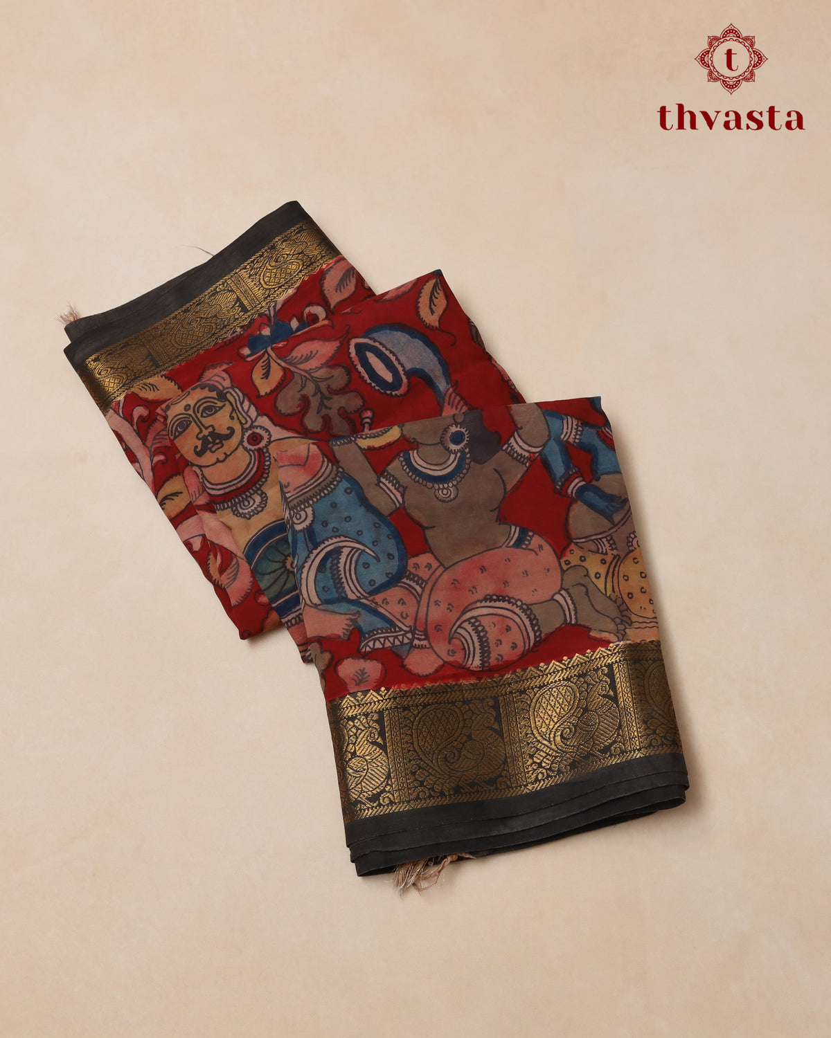 Pen Kalamkari Bangalore Silk – Dark Red and Black Border