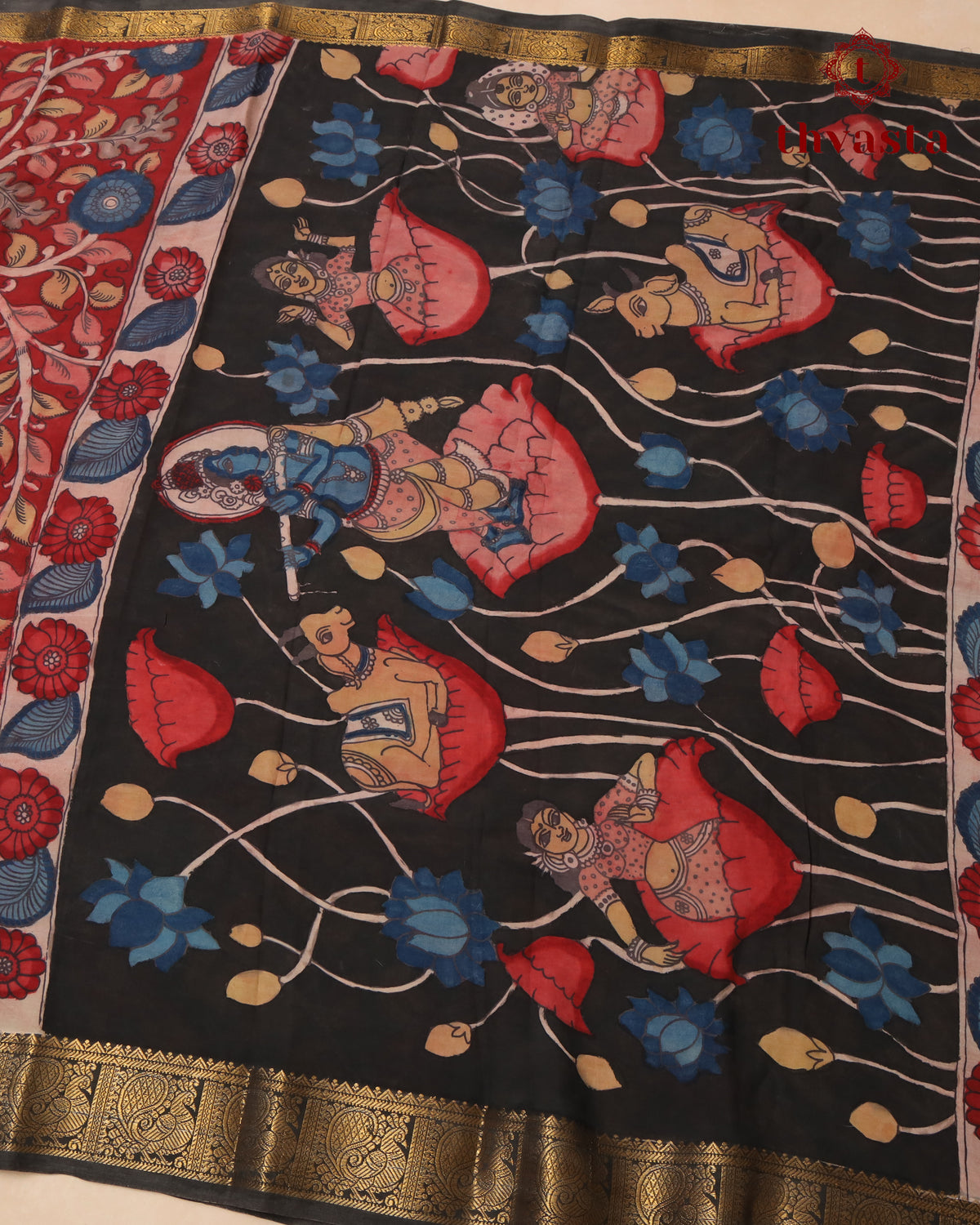 Pen Kalamkari Bangalore Silk – Dark Red and Black Border