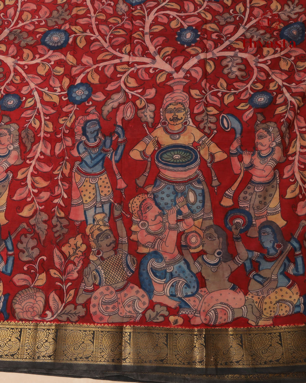 Pen Kalamkari Bangalore Silk – Dark Red and Black Border