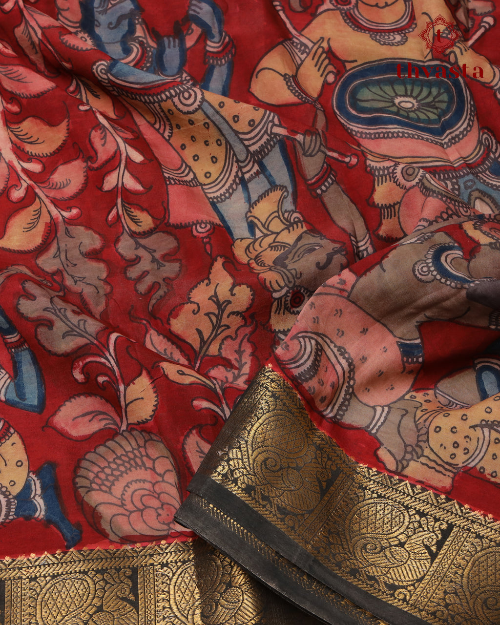 Pen Kalamkari Bangalore Silk – Dark Red and Black Border