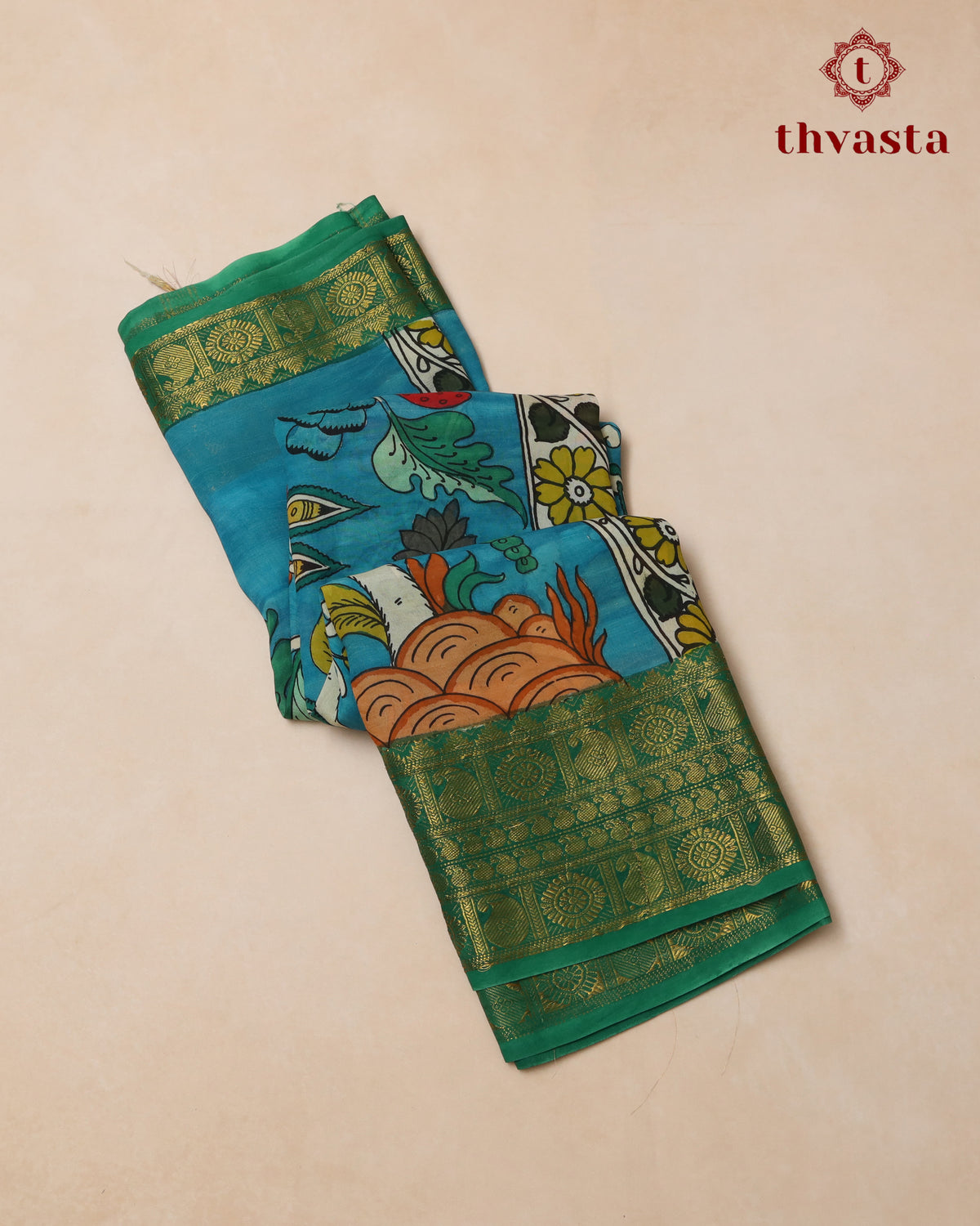 Pen Kalamkari Bangalore Silk – Blue and Green Border