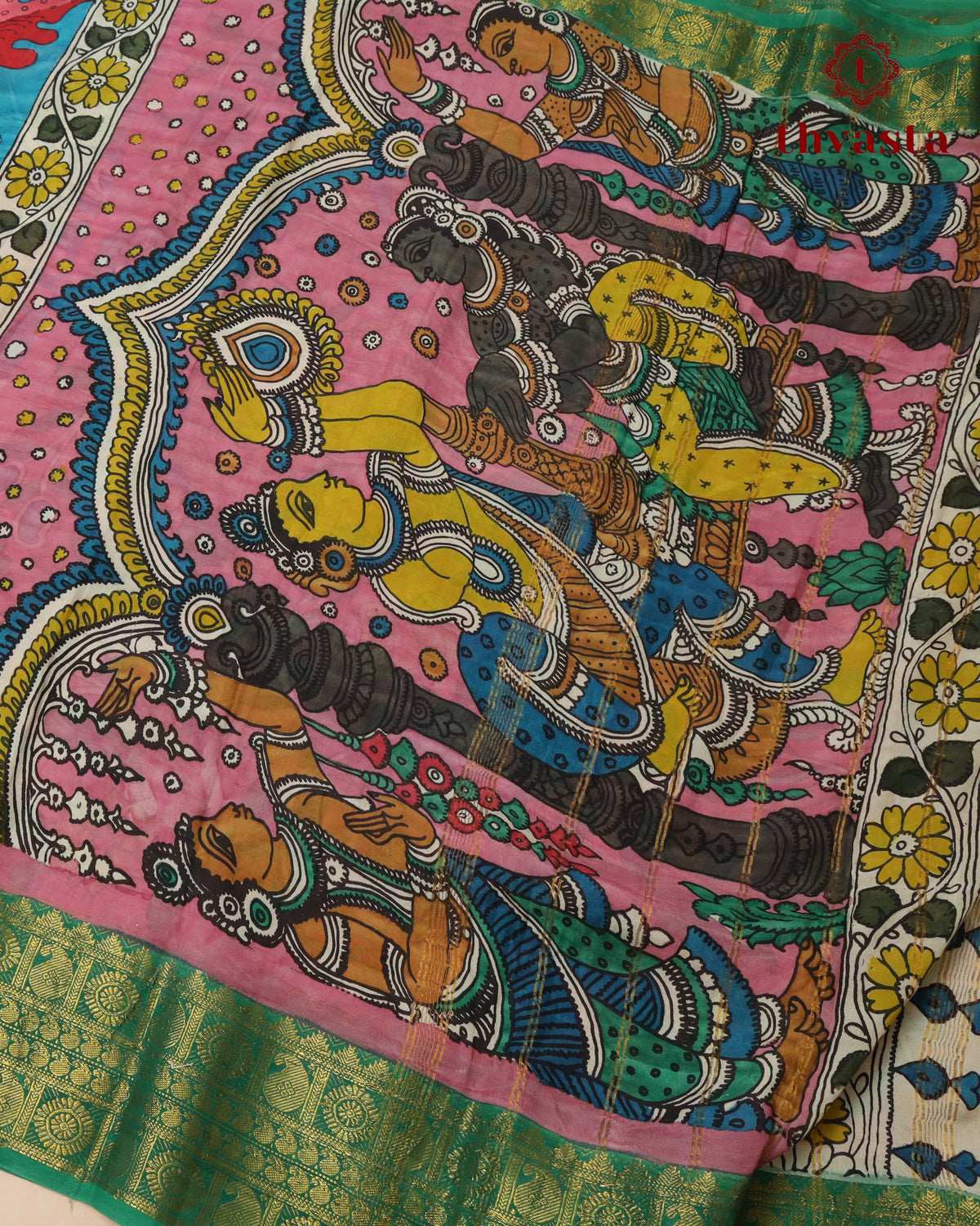 Pen Kalamkari Bangalore Silk – Blue and Green Border