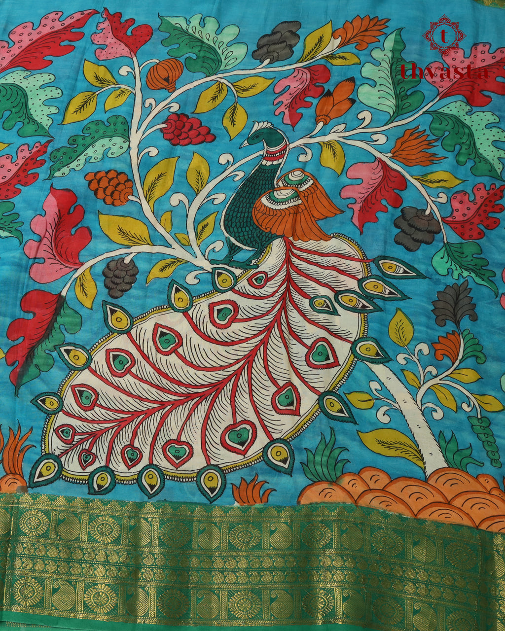 Pen Kalamkari Bangalore Silk – Blue and Green Border