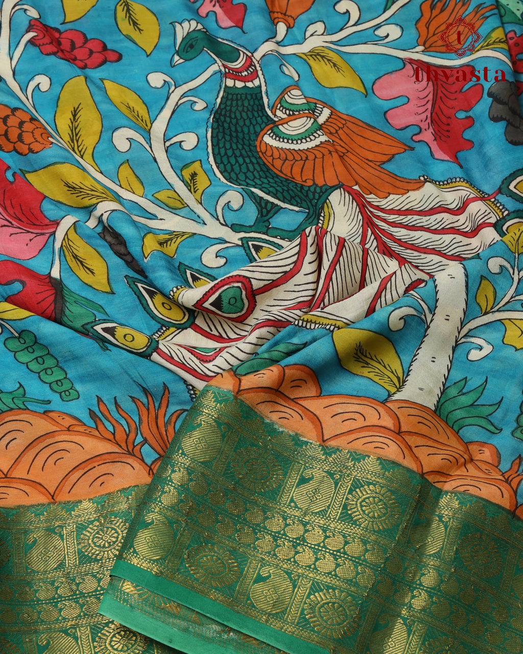 Pen Kalamkari Bangalore Silk – Blue and Green Border
