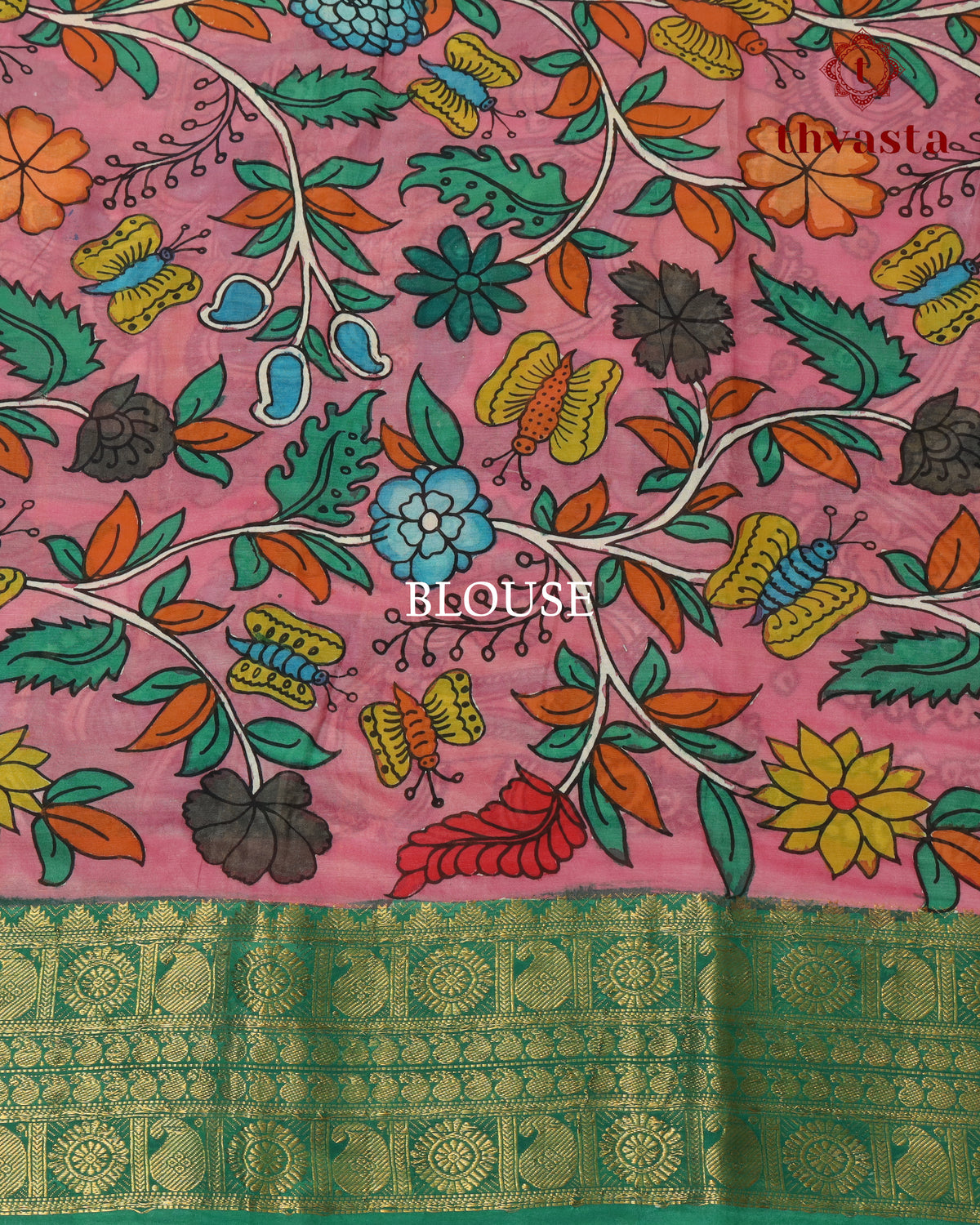 Pen Kalamkari Bangalore Silk – Blue and Green Border