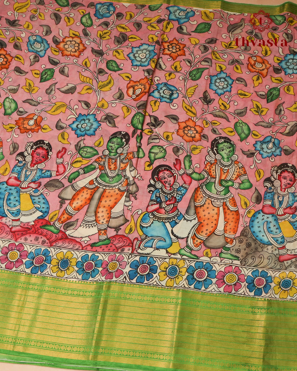 Pen Kalamkari Bangalore Silk – Pink and Green Border