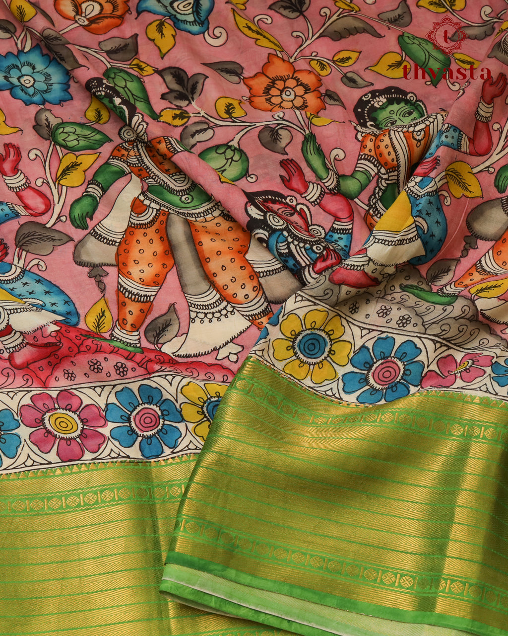 Pen Kalamkari Bangalore Silk – Pink and Green Border