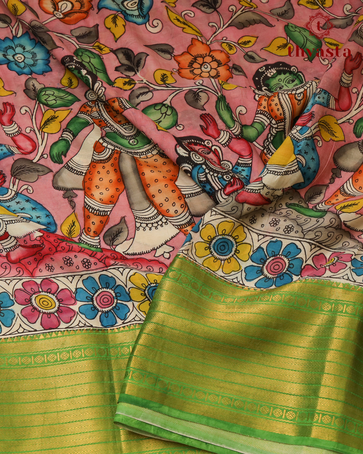 Pen Kalamkari Bangalore Silk – Pink and Green Border