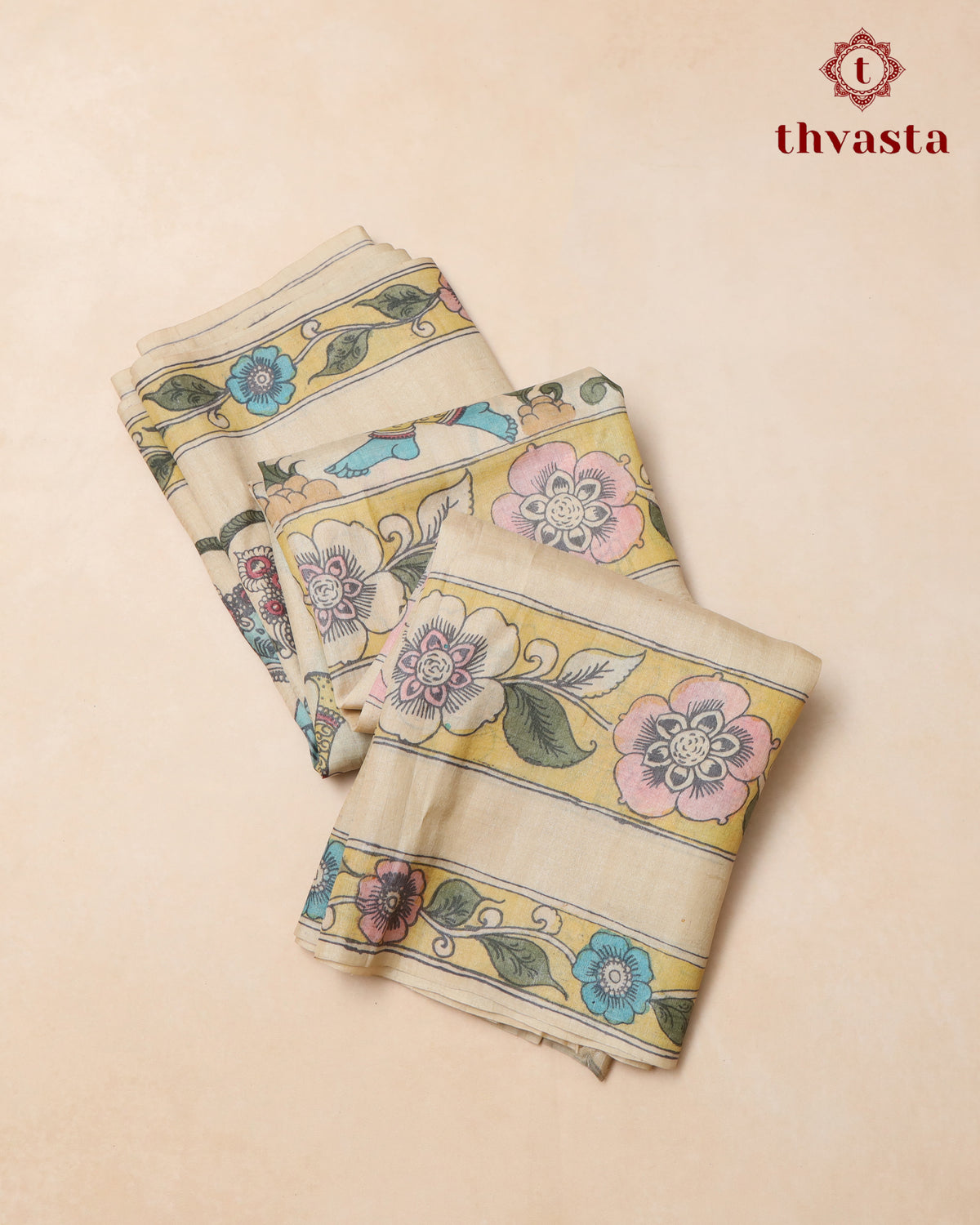 Pen Kalamkari Tussar Silk – Beige and Pink