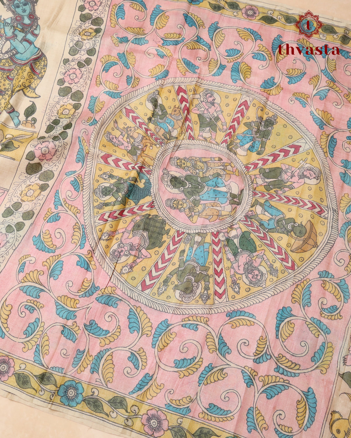 Pen Kalamkari Tussar Silk – Beige and Pink