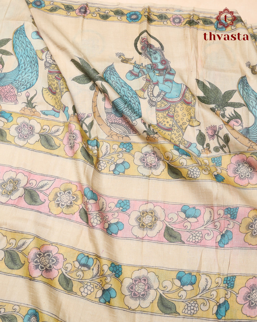 Pen Kalamkari Tussar Silk – Beige and Pink