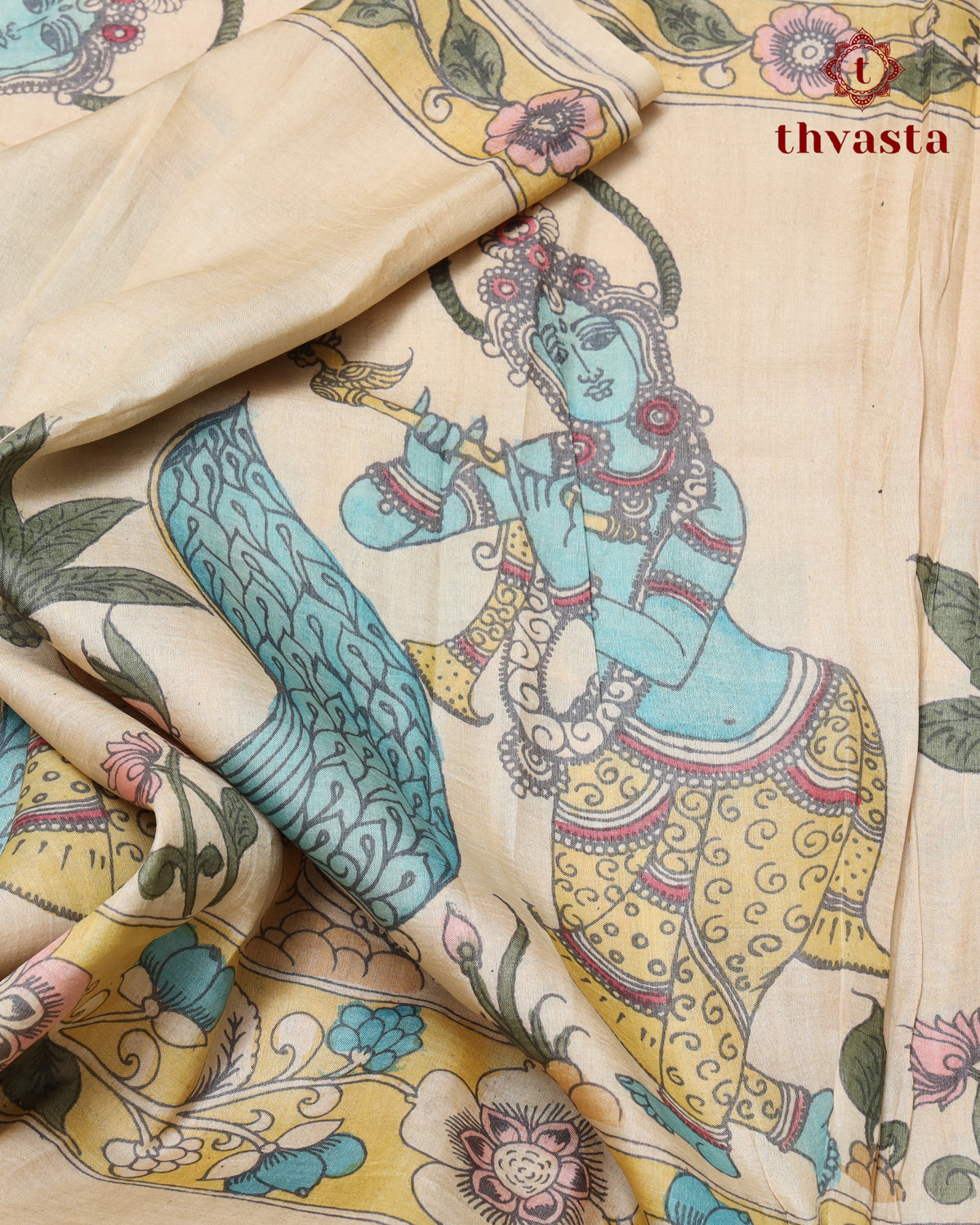 Pen Kalamkari Tussar Silk – Beige and Pink