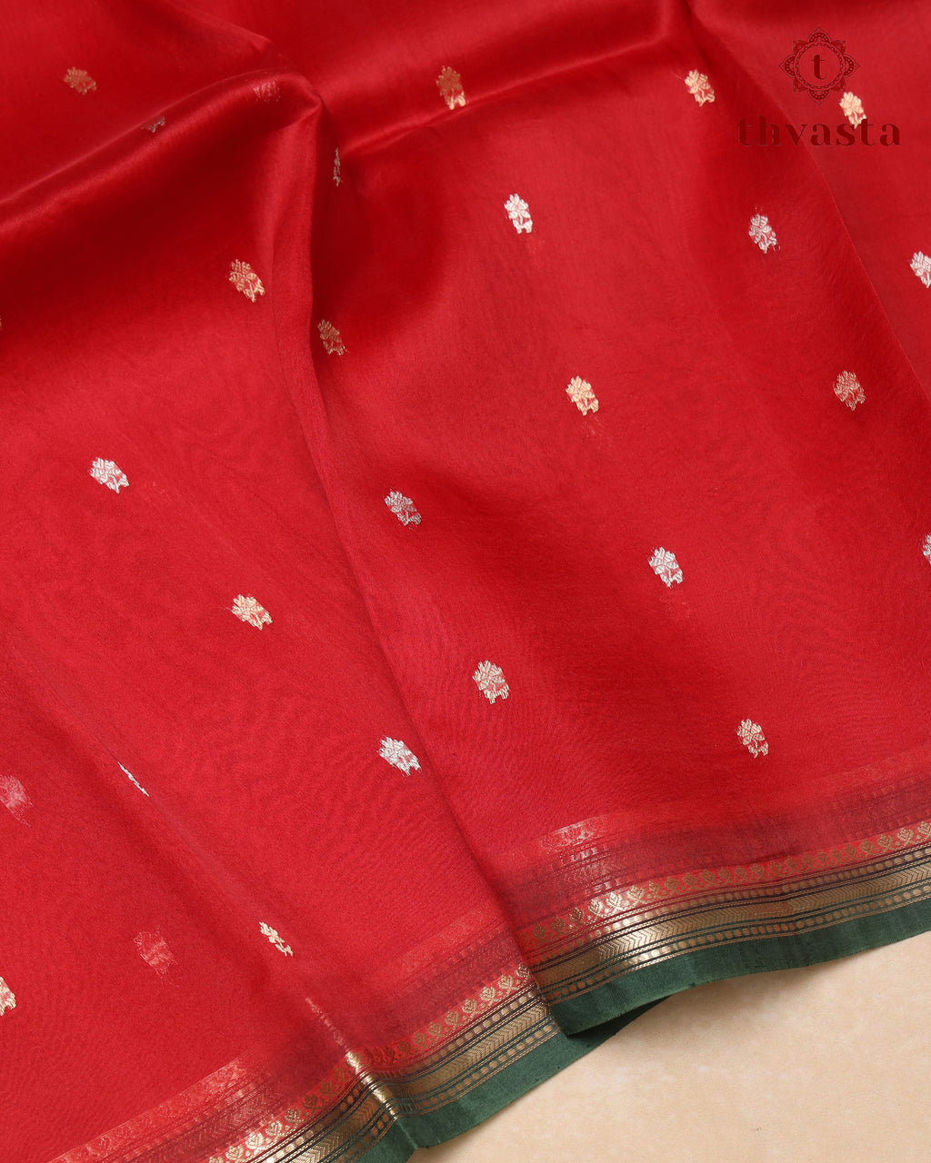 Pure Kora Organza Silk – Red and Dark Green