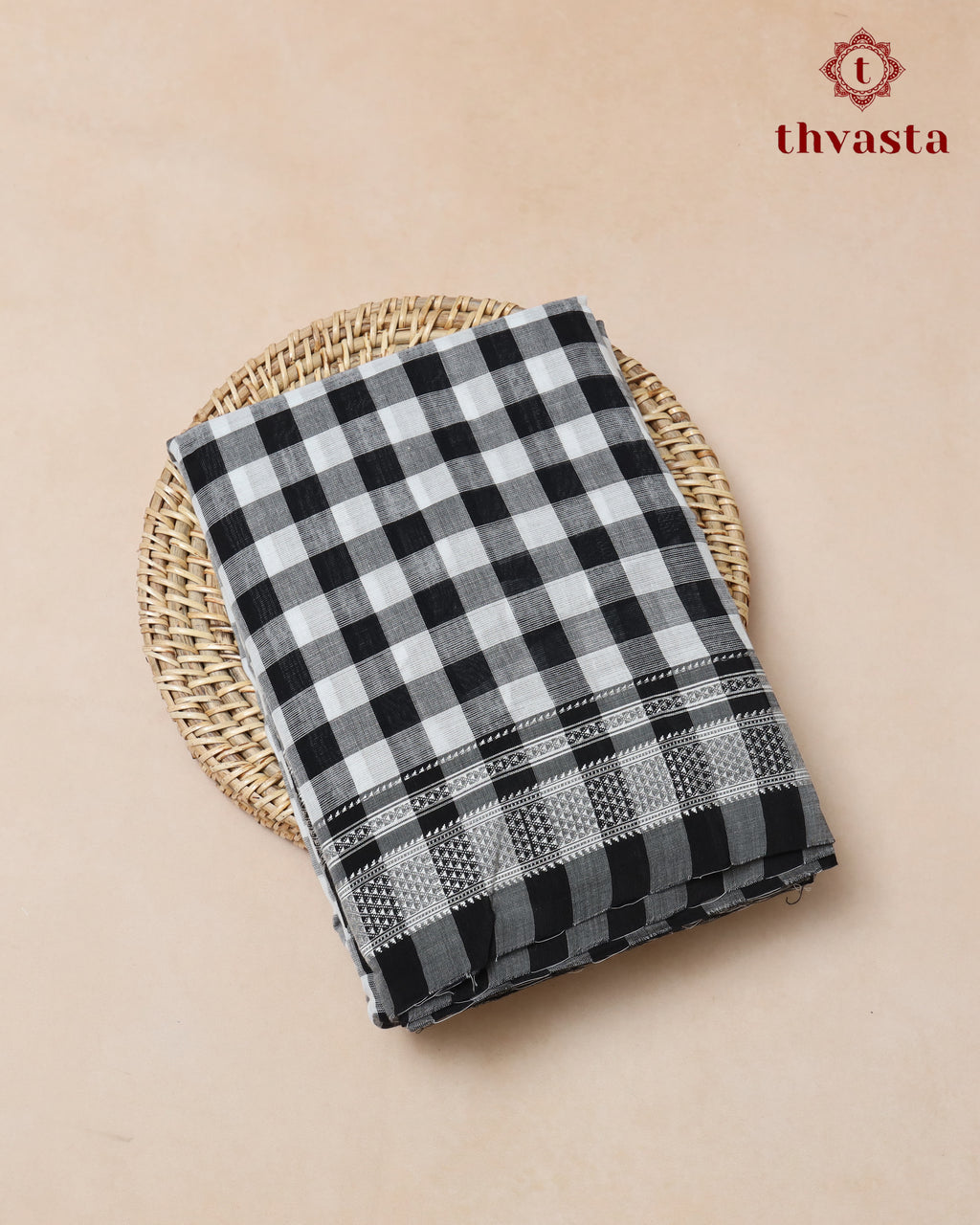 Handloom Pure Cotton Ilkal  - Black and white checks with Red Pallu