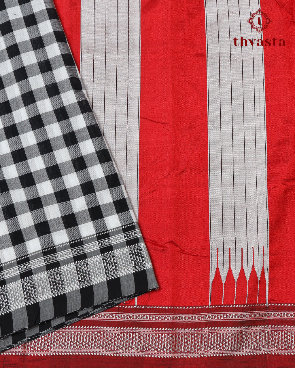 Handloom Pure Cotton Ilkal  - Black and white checks with Red Pallu