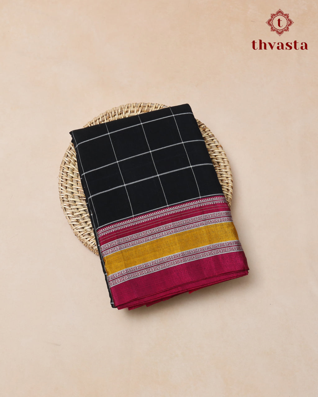 Handloom Pure Cotton Ilkal  - Black Checks and Pink