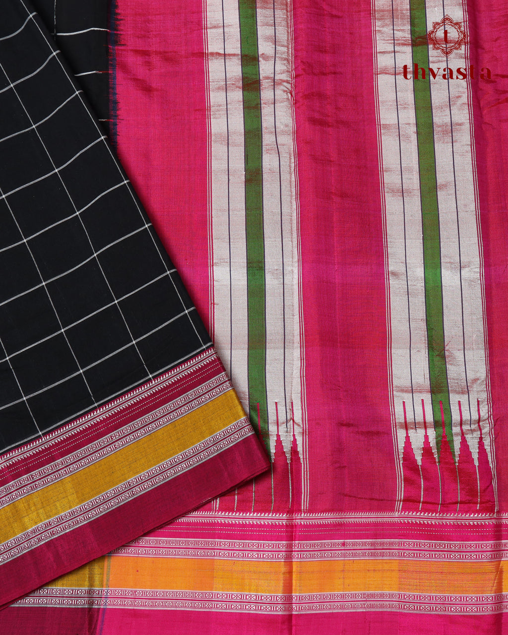 Handloom Pure Cotton Ilkal  - Black checks and Pink