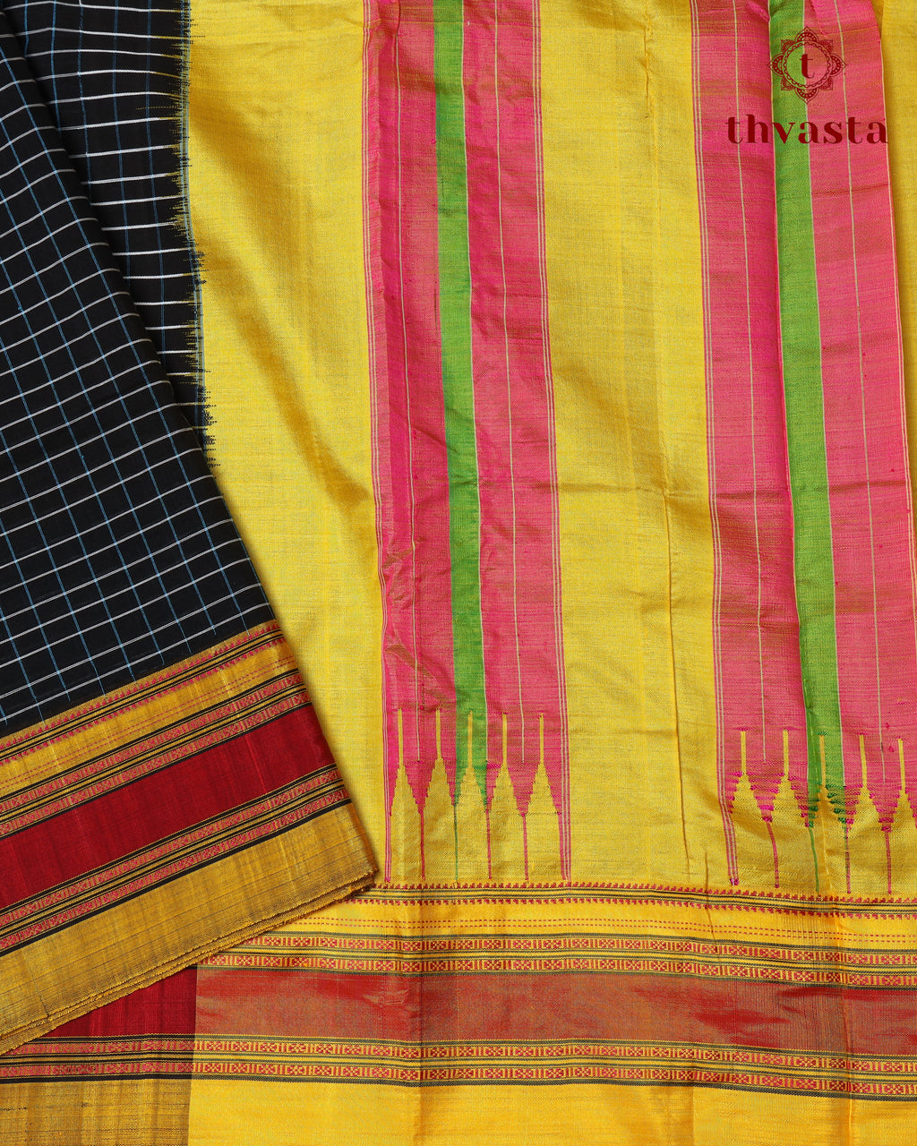 Handloom Pure Cotton Ilkal  - Black checks and Yellow