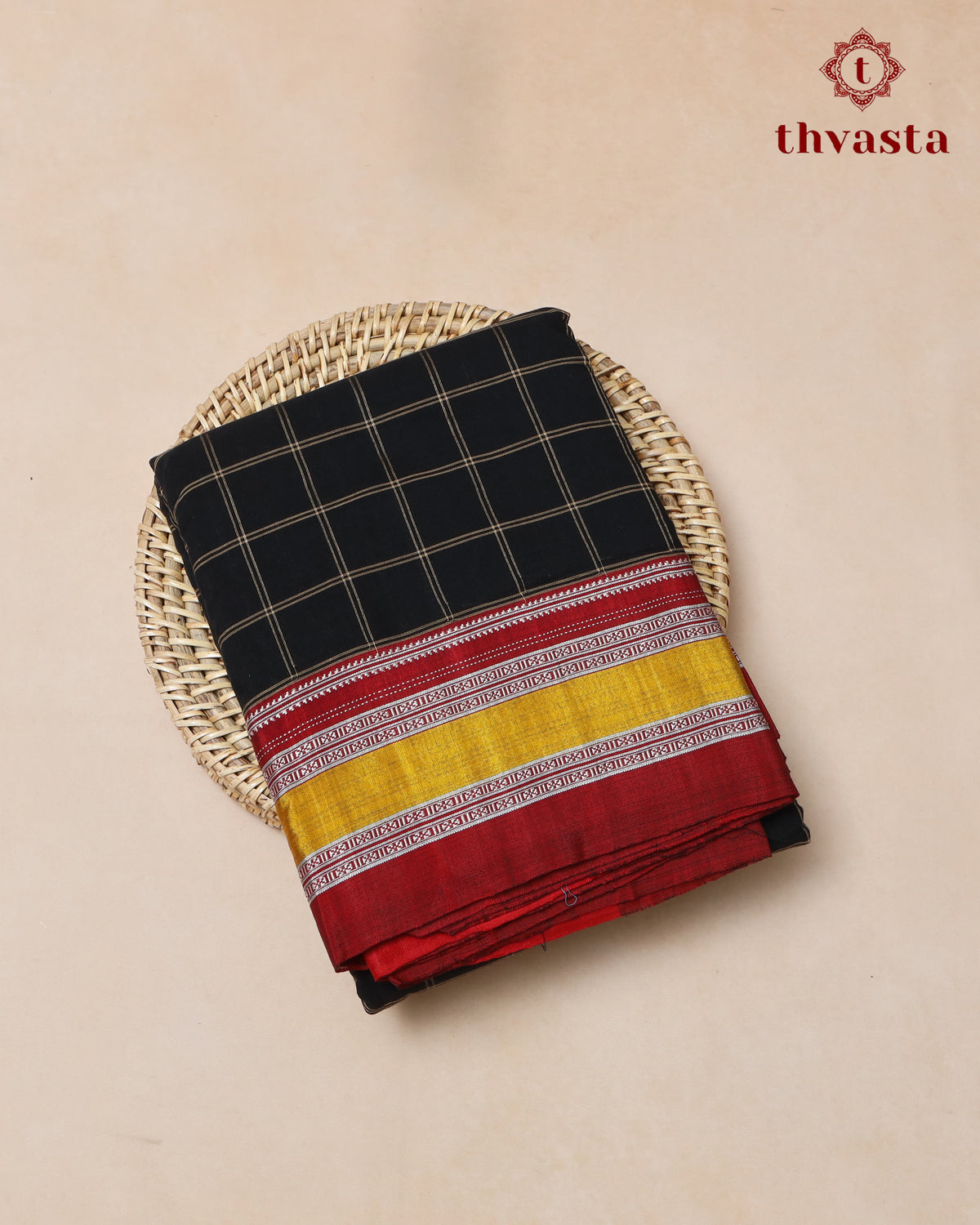Handloom Pure Cotton Ilkal  - Black checks and Red