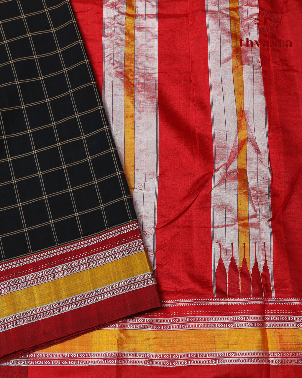 Handloom Pure Cotton Ilkal  - Black checks and Red