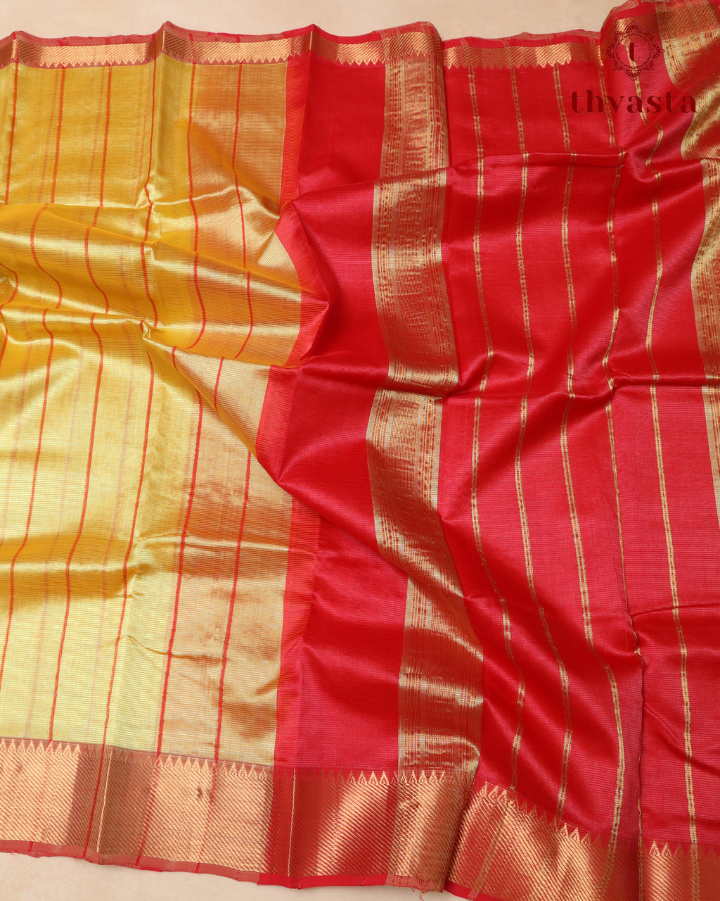 Mangalagiri Silk Cotton – Striped – Yellow and Dull Red