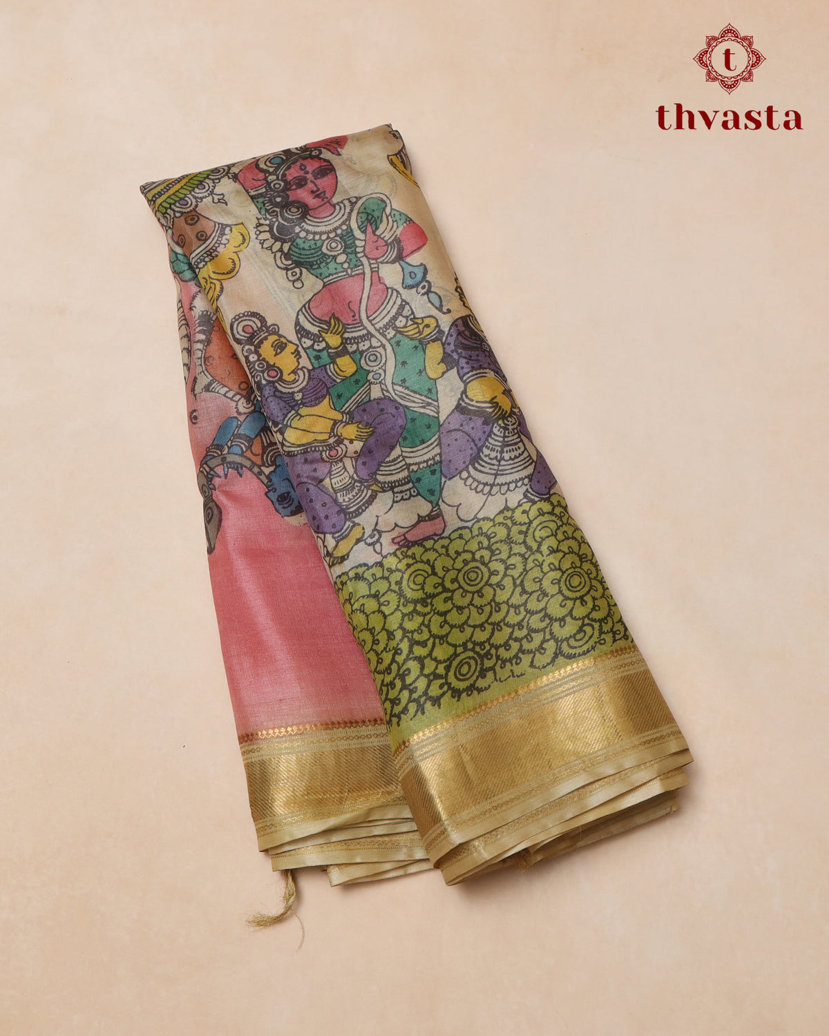 Pen Kalamkari Tussar Silk – Peach and Beige