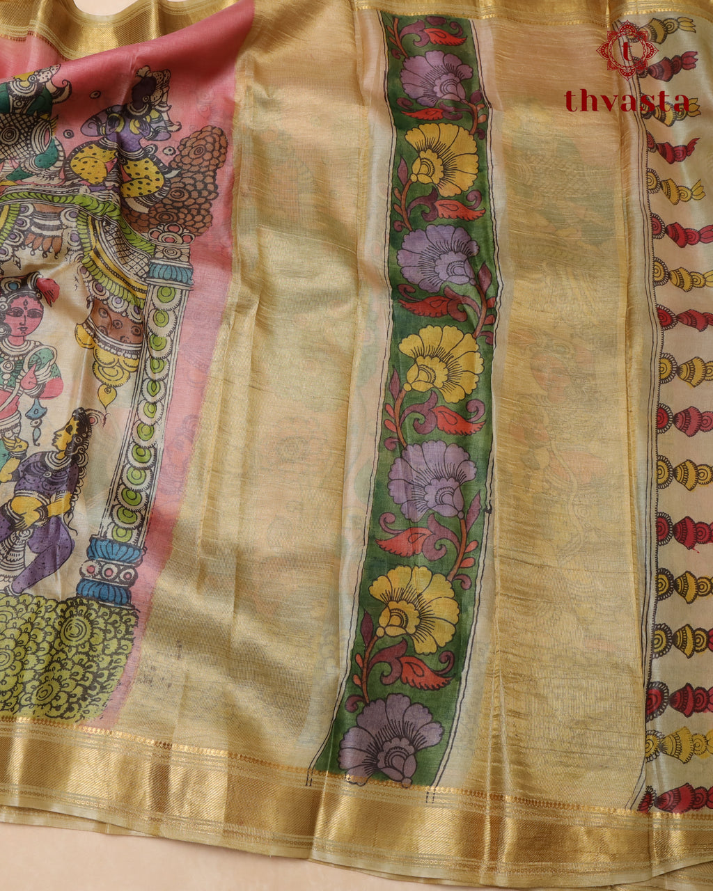Pen Kalamkari Tussar Silk – Peach and Beige