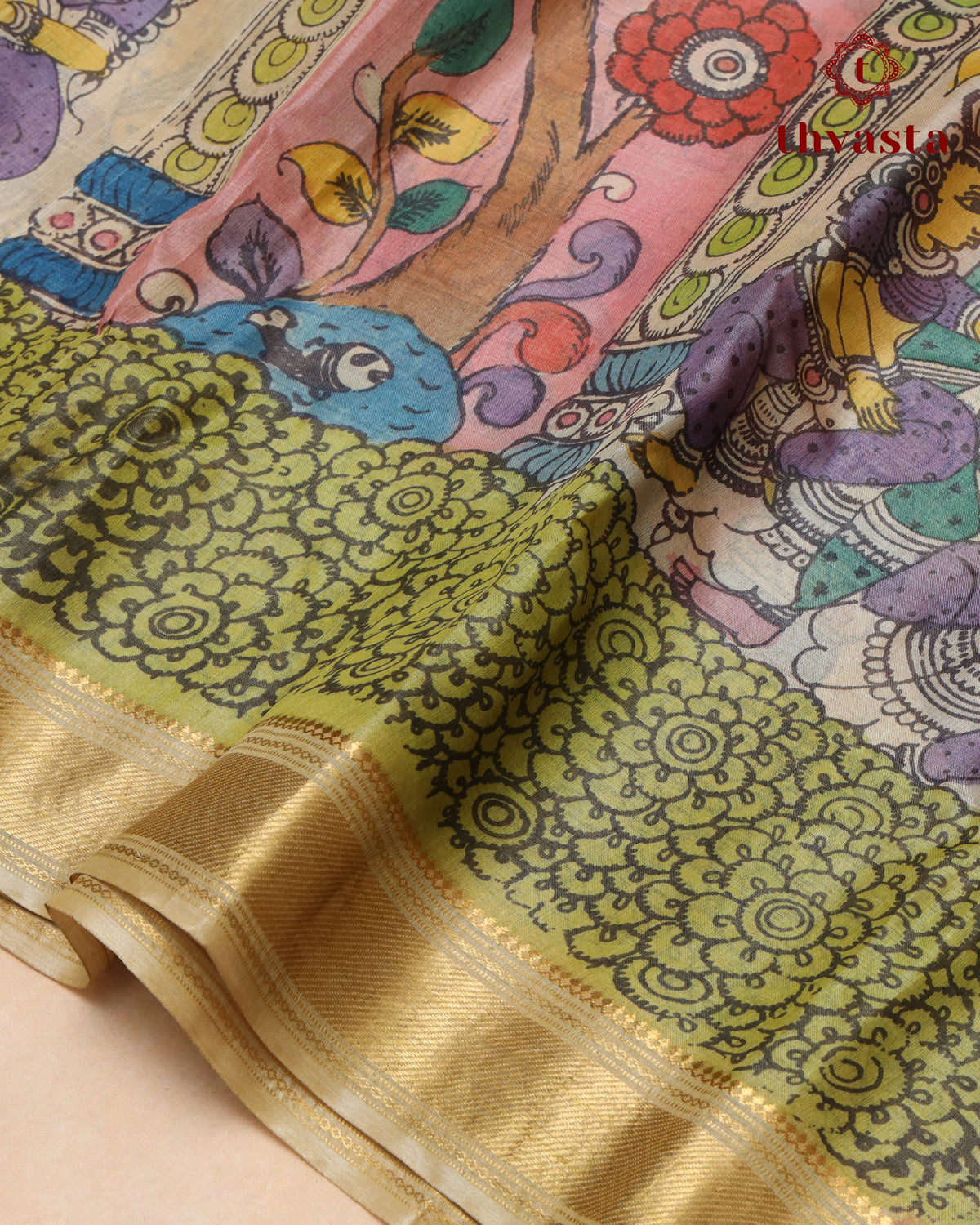 Pen Kalamkari Tussar Silk – Peach and Beige