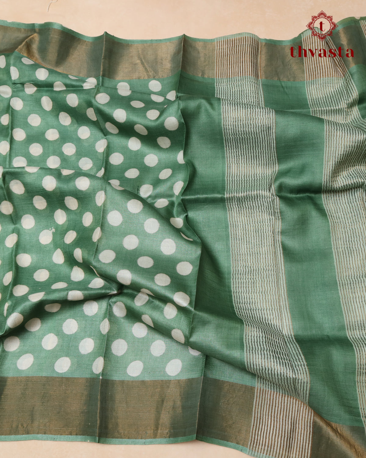 Pure Tussar - Green with Polka dots