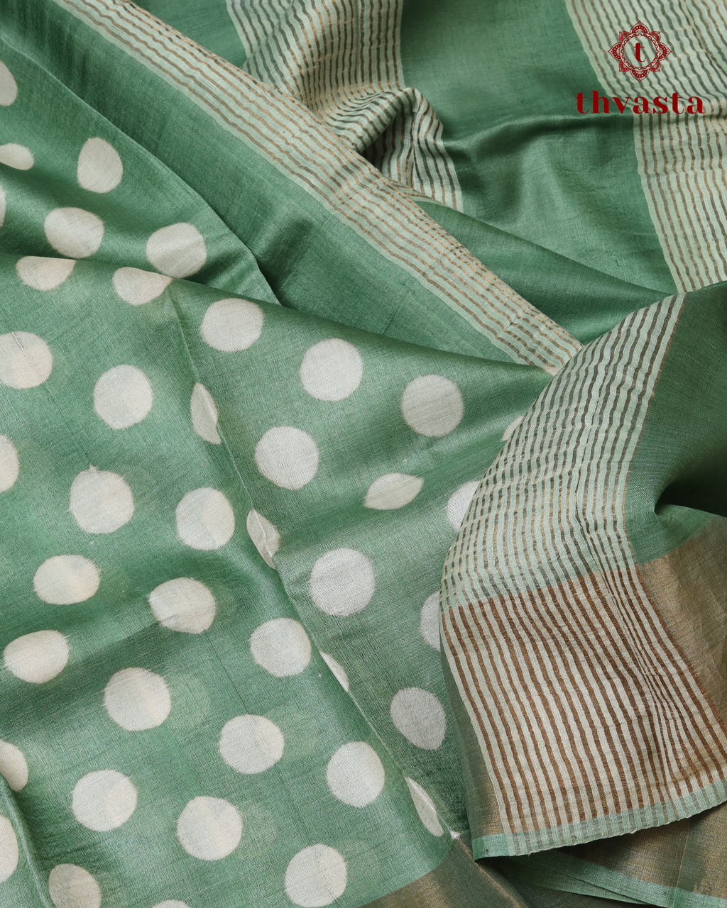 Pure Tussar - Green with Polka dots