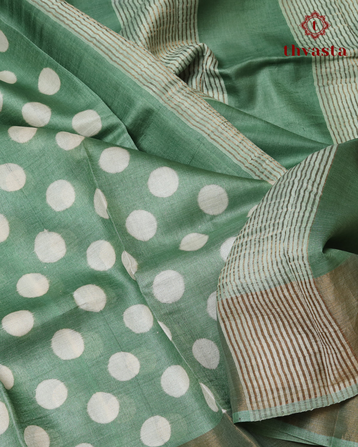 Pure Tussar - Green with Polka dots