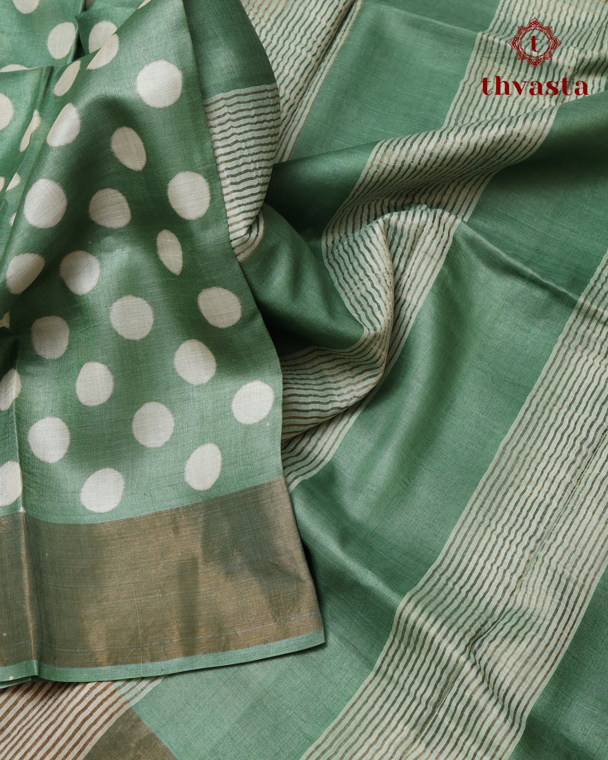 Pure Tussar - Green with Polka dots