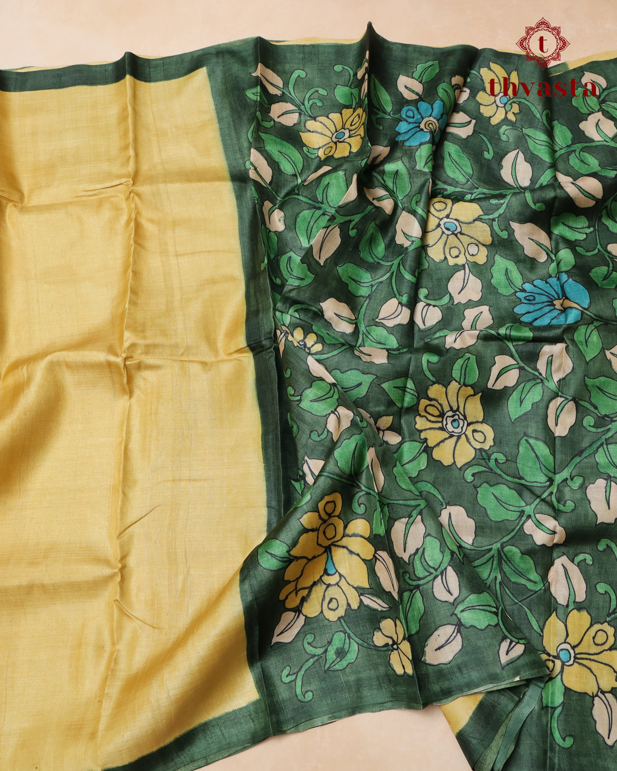 Hand Painted Kalamkari Tussar silk - Yellow