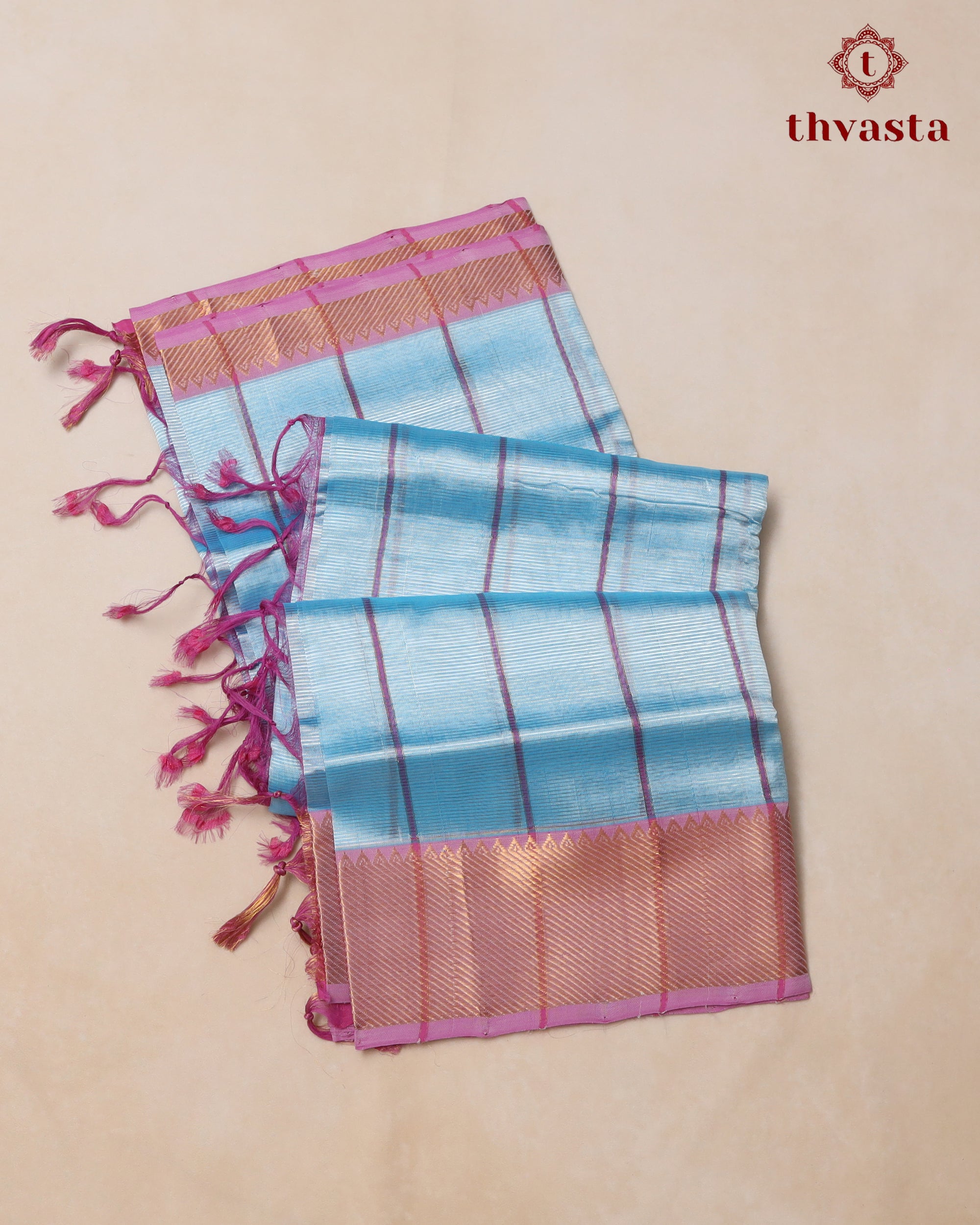 Mangalagiri Silk Cotton – Striped – Powder Blue and Hot Pink
