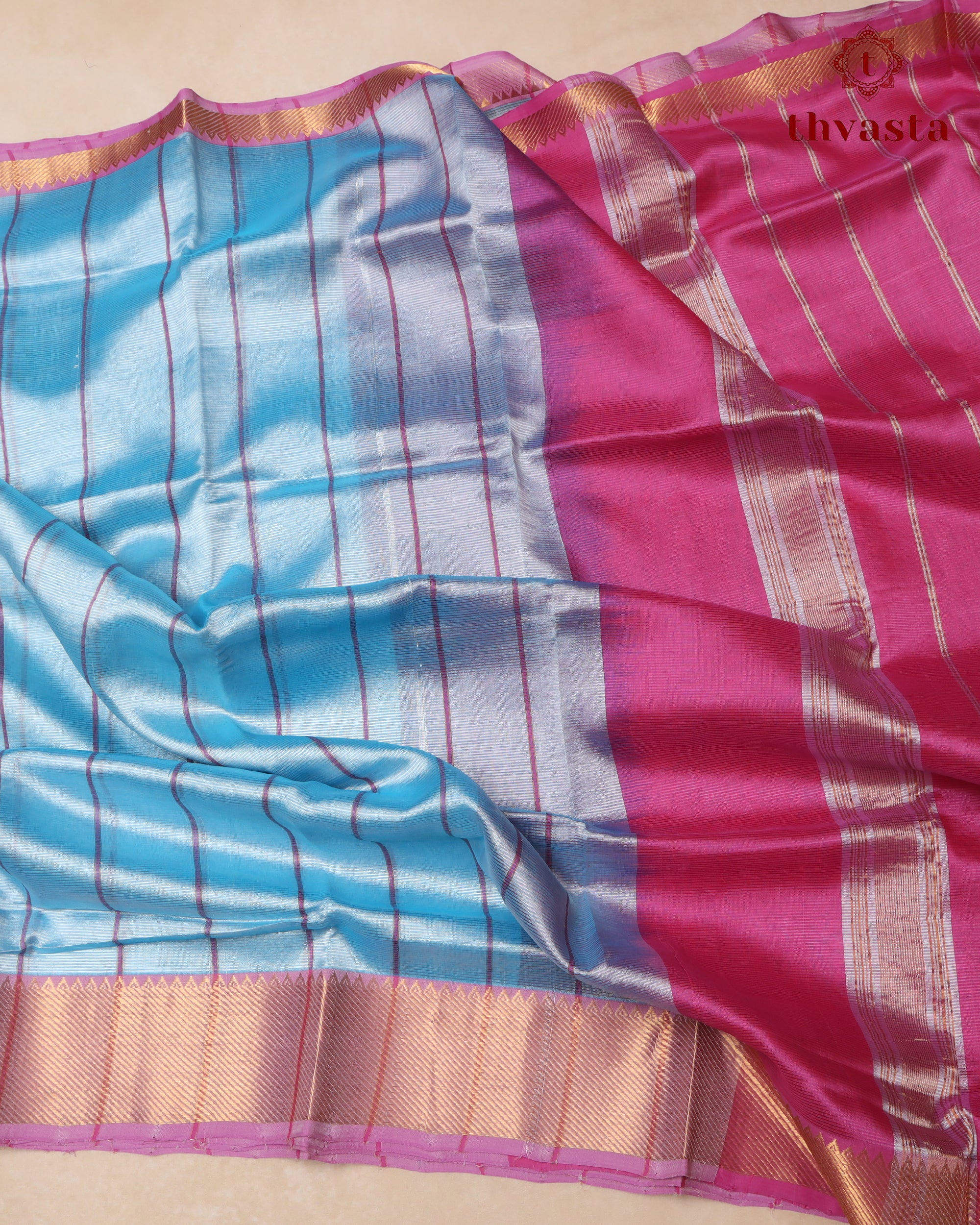 Mangalagiri Silk Cotton – Striped – Powder Blue and Hot Pink