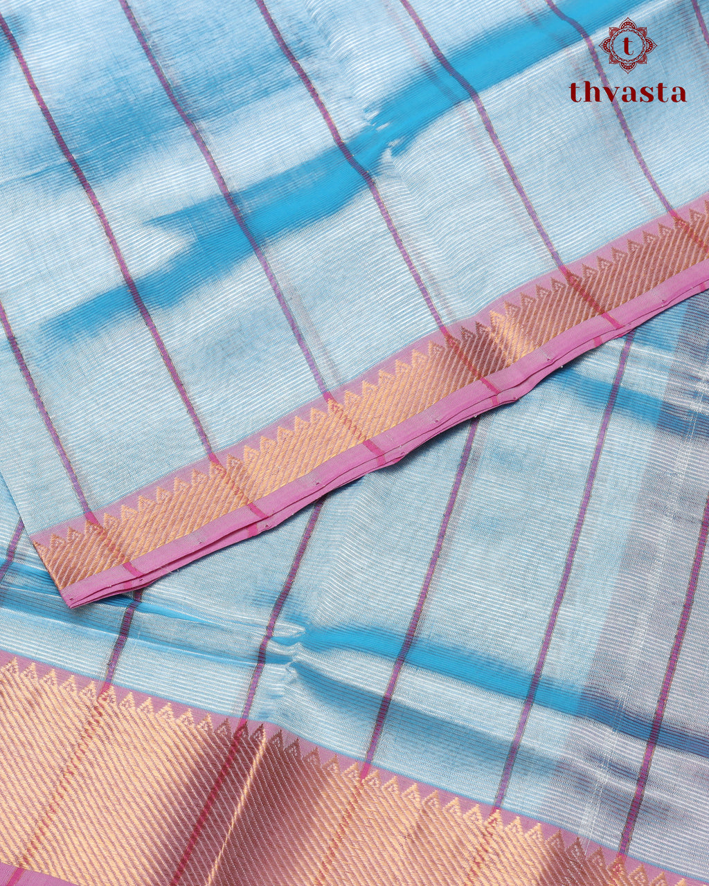 Mangalagiri Silk Cotton – Striped – Powder Blue and Hot Pink