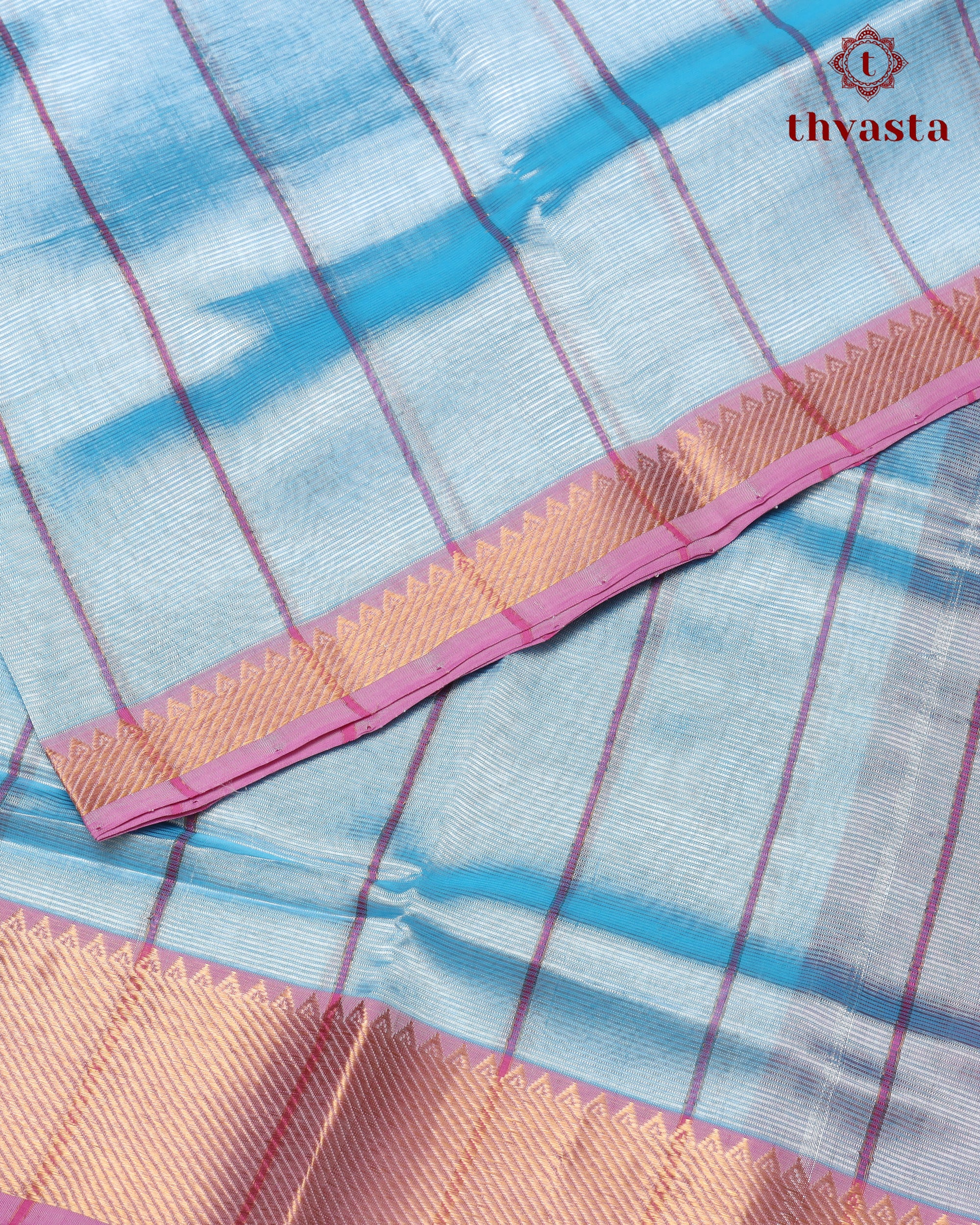 Mangalagiri Silk Cotton – Striped – Powder Blue and Hot Pink