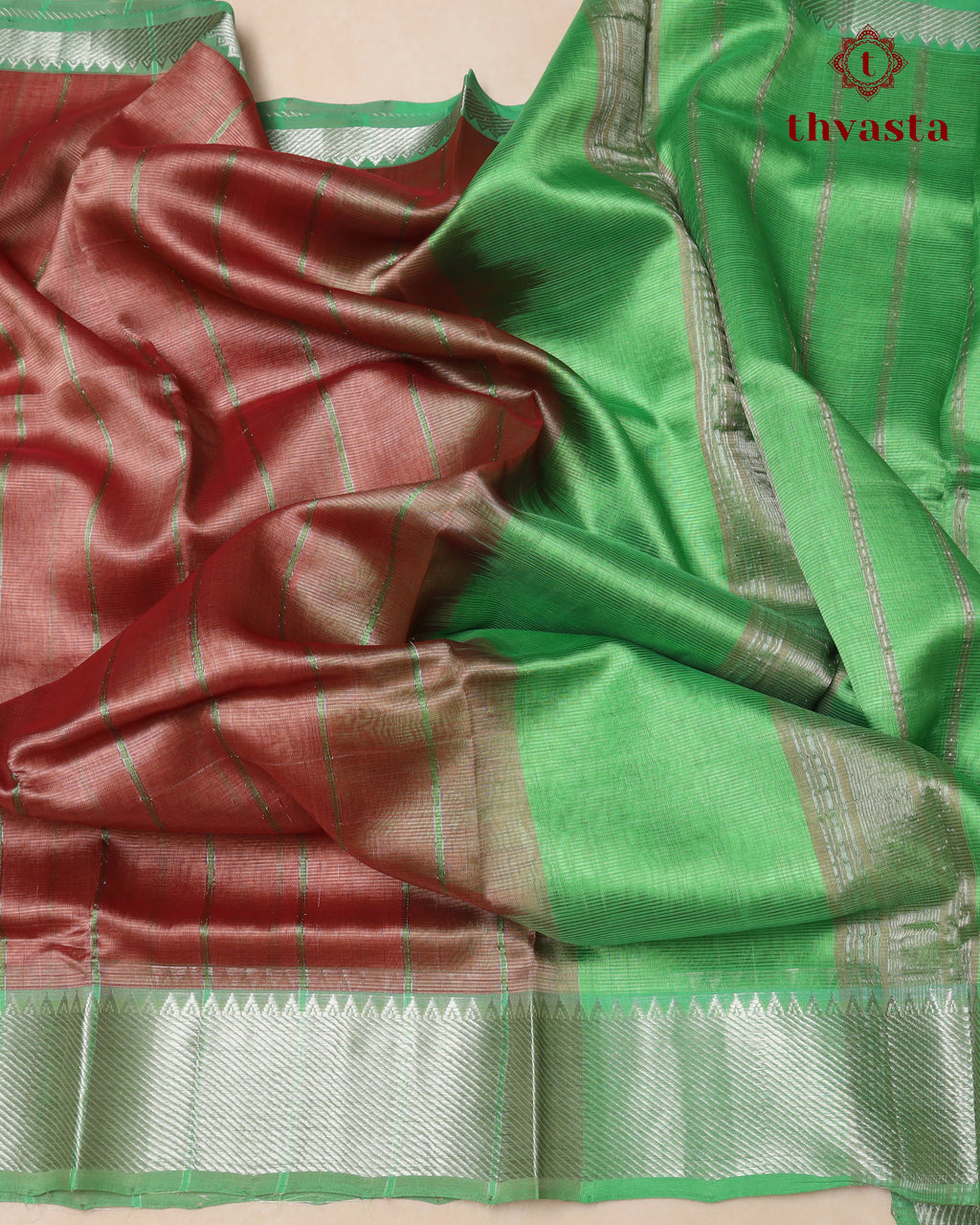 Mangalagiri Silk Cotton – Striped – Rust and Green