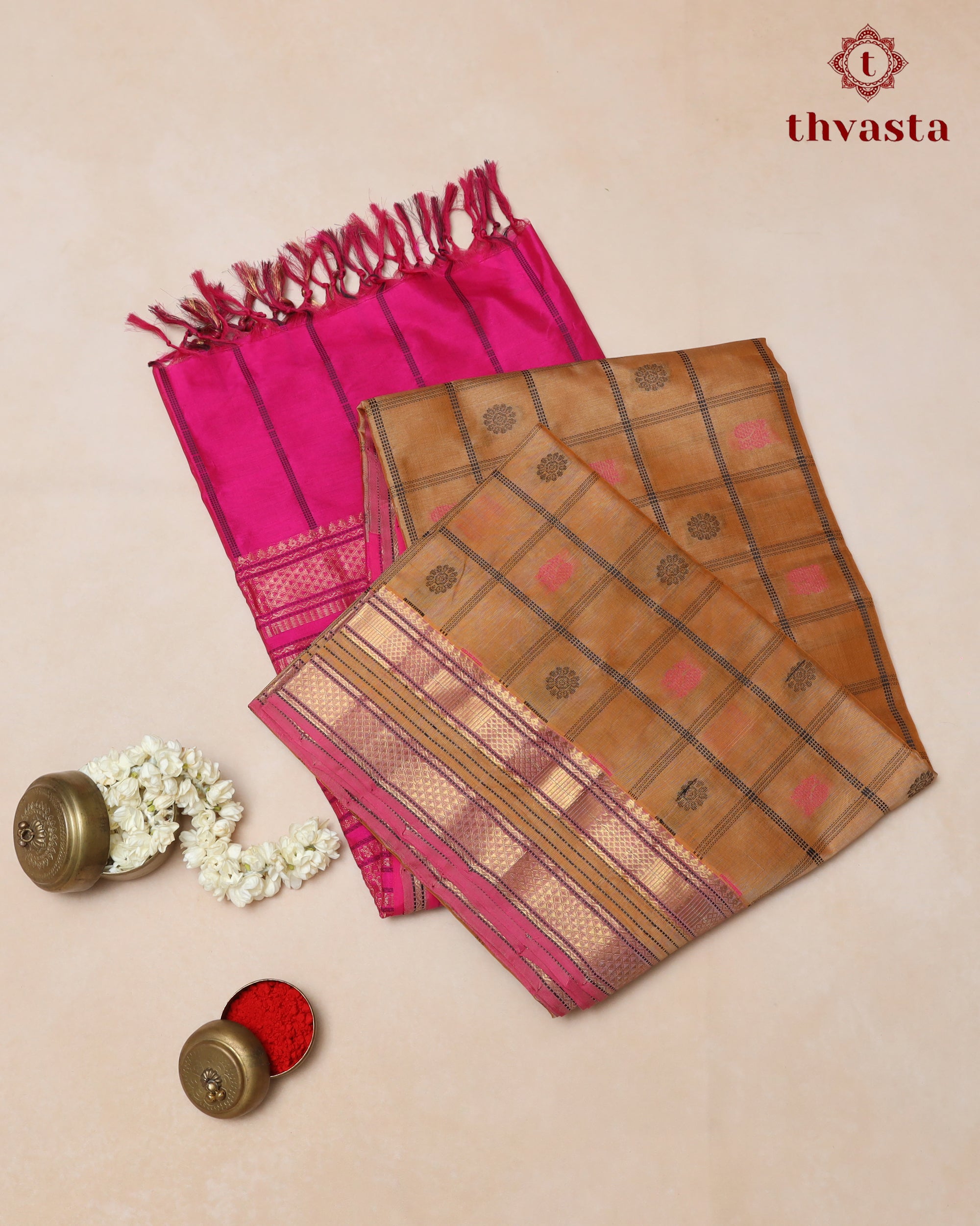 Silk cotton - Beige checks and Pink