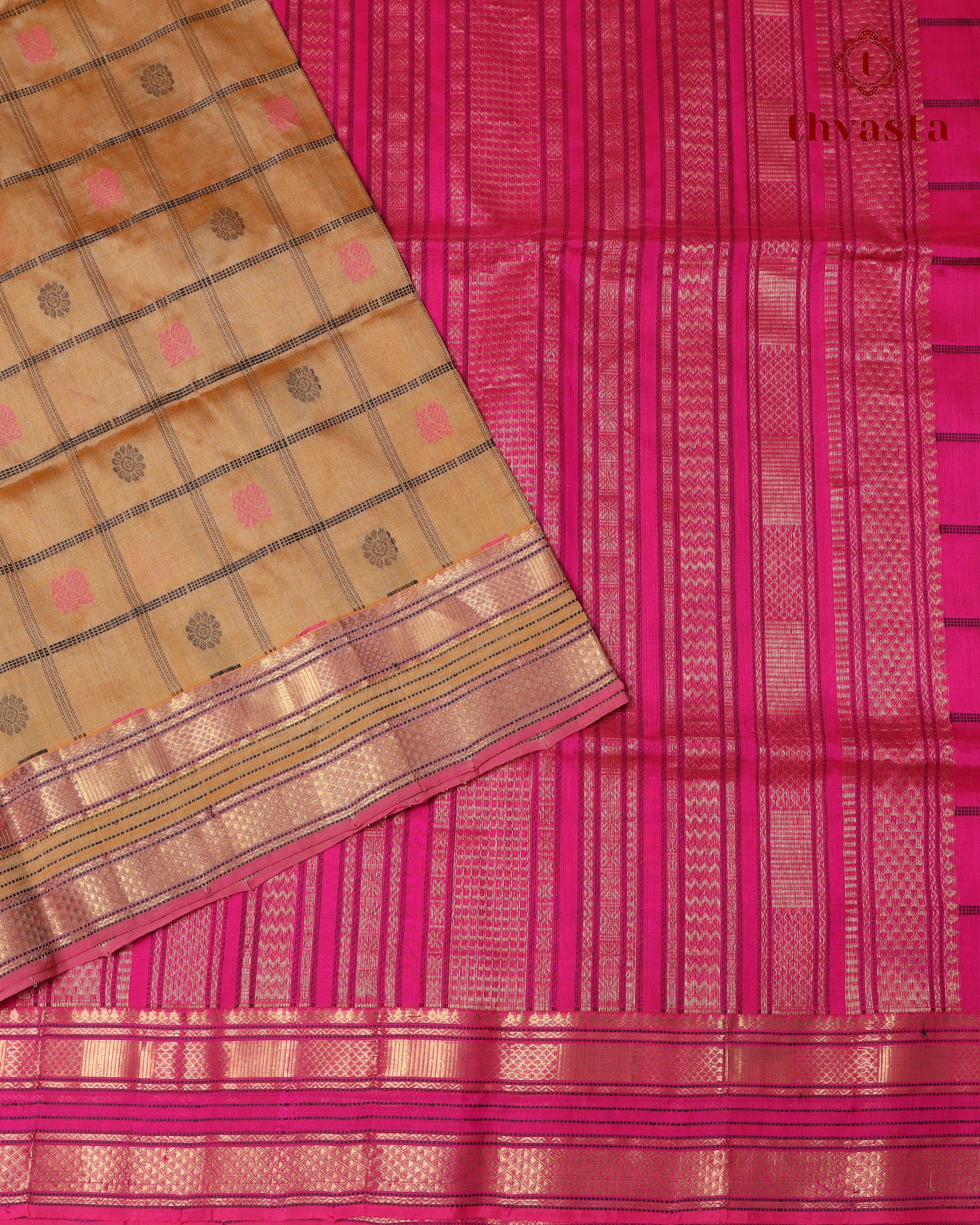 Silk cotton - Beige checks and Pink