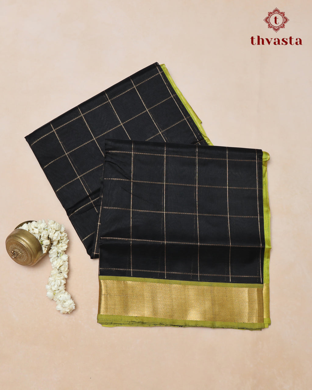 Silk cotton - Black Checks with Green