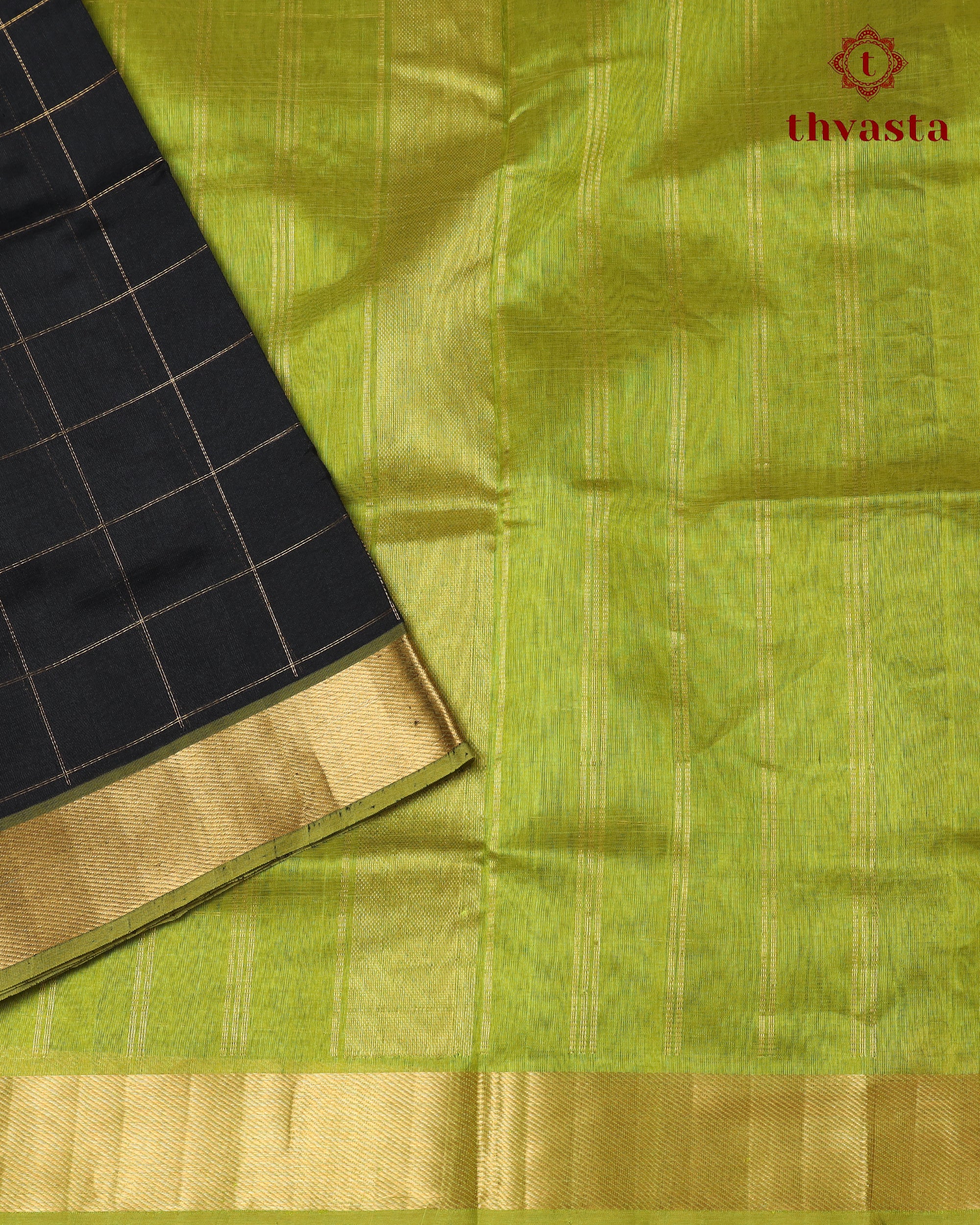 Silk cotton - Black Checks with Green