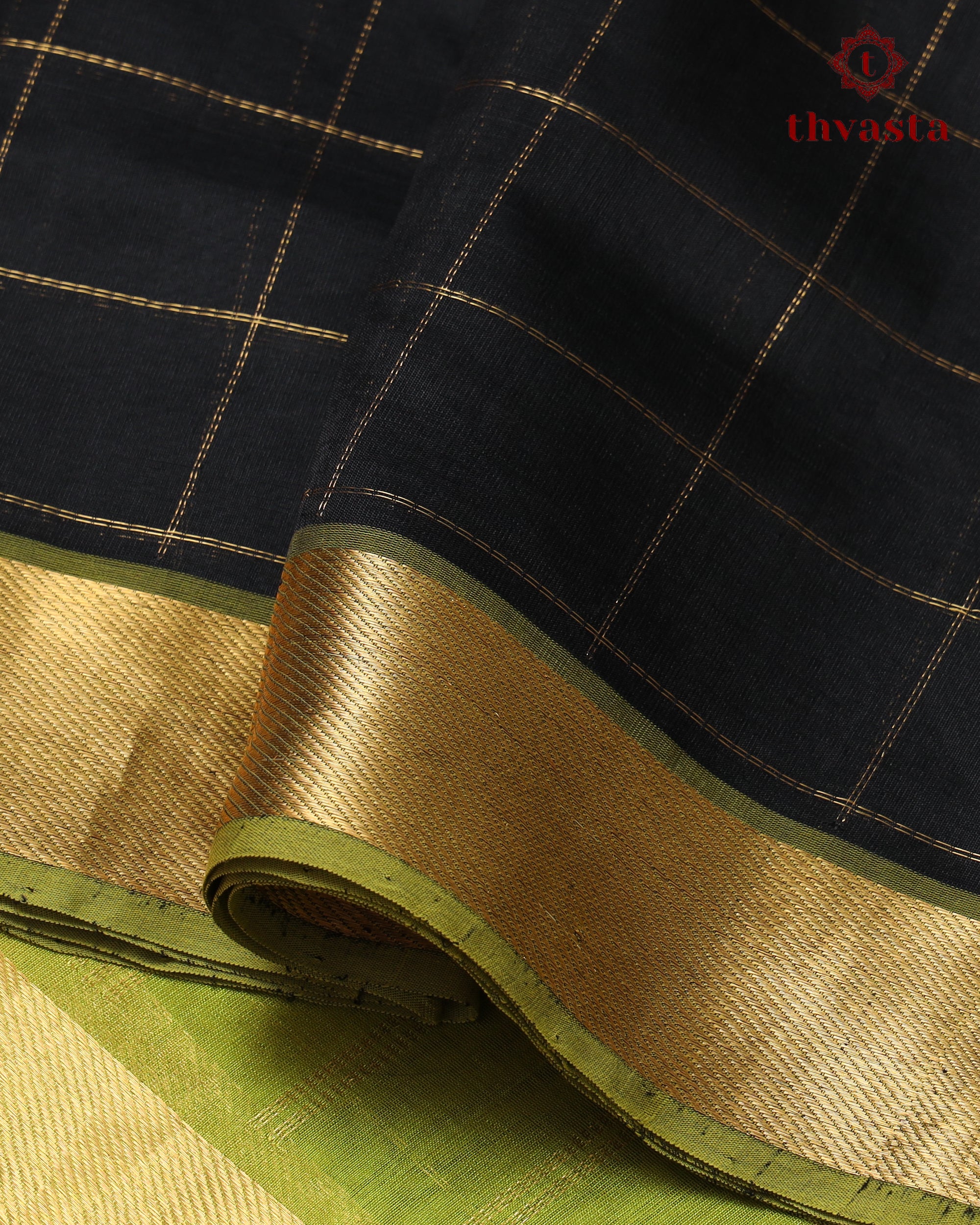 Silk cotton - Black Checks with Green