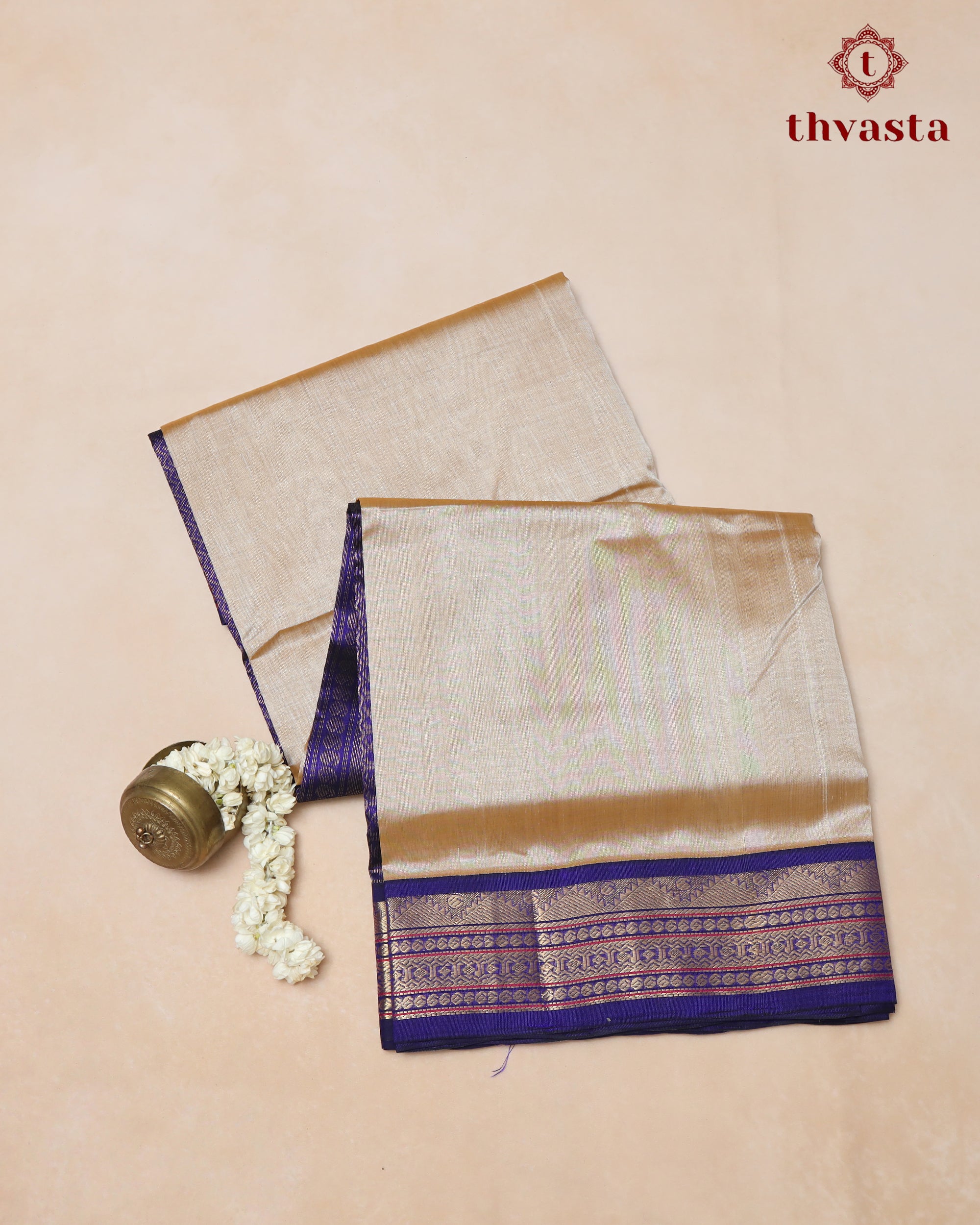 Korvai Silk cotton - Golden sand with Royal Blue