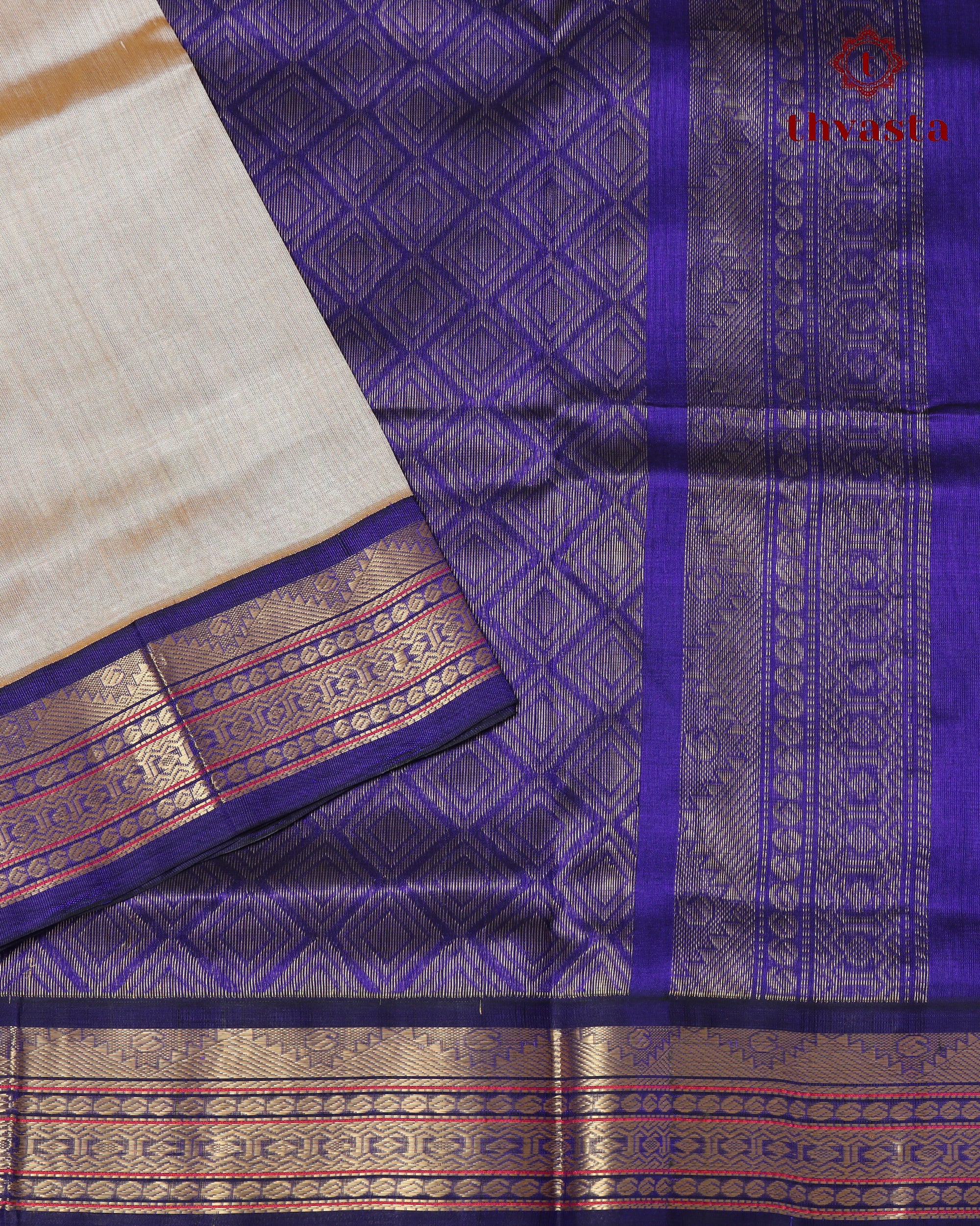 Korvai Silk cotton - Golden sand with Royal Blue