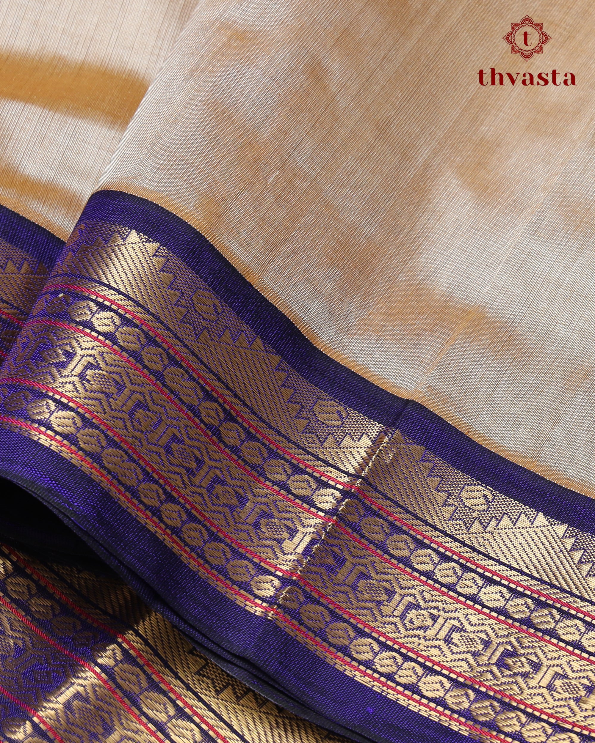 Korvai Silk cotton - Golden sand with Royal Blue