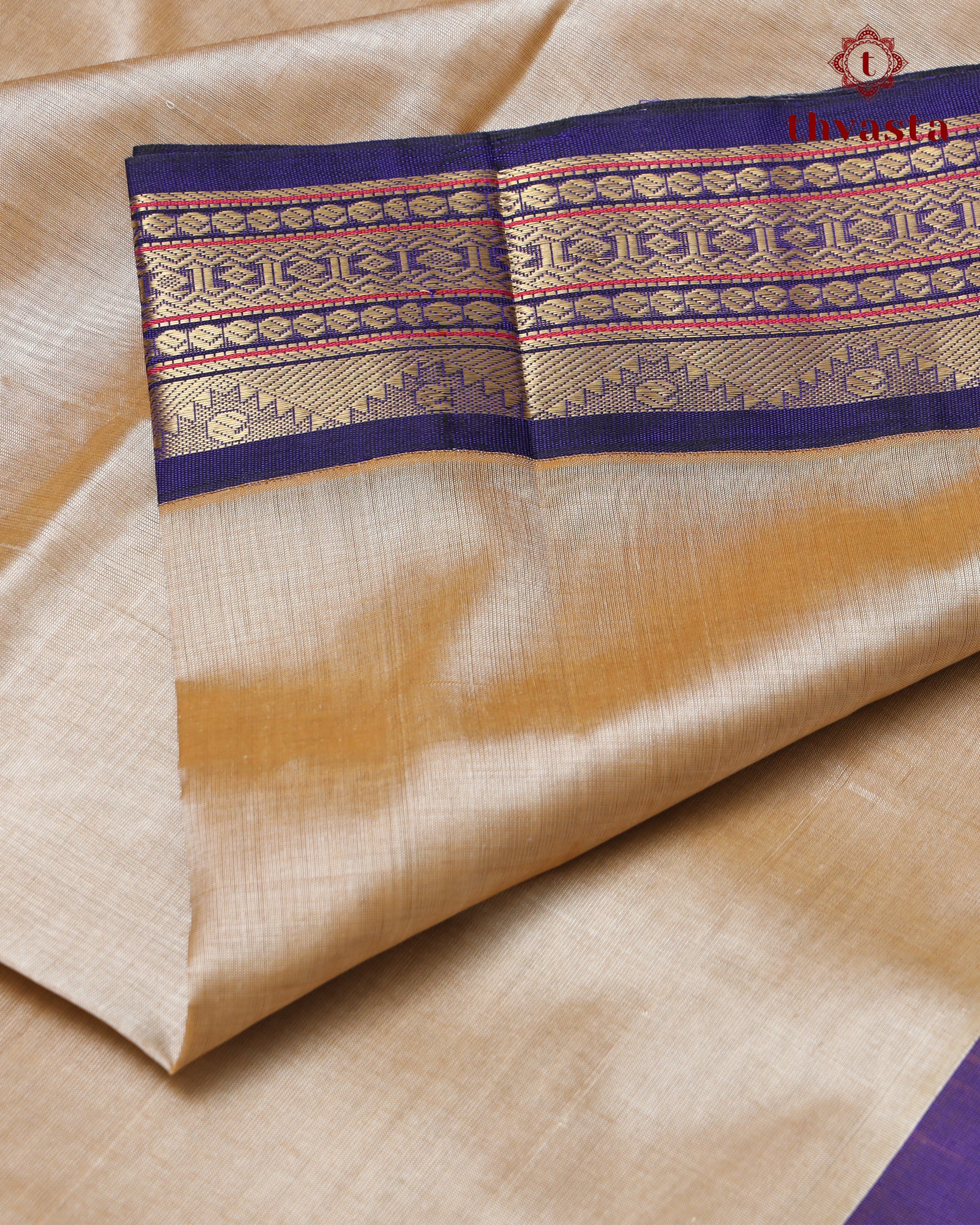 Korvai Silk cotton - Golden sand with Royal Blue
